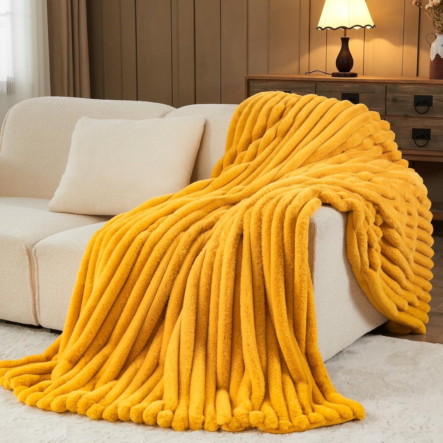 NEWCOSPLAY Faux Fur Throw Blanket Mustard Yellow 3D Ribbed Plush Thick Warm Blanket for Couch Sofa Bed 850GSM (Mustard Yellow Ribbed, Throw(50"x60"))