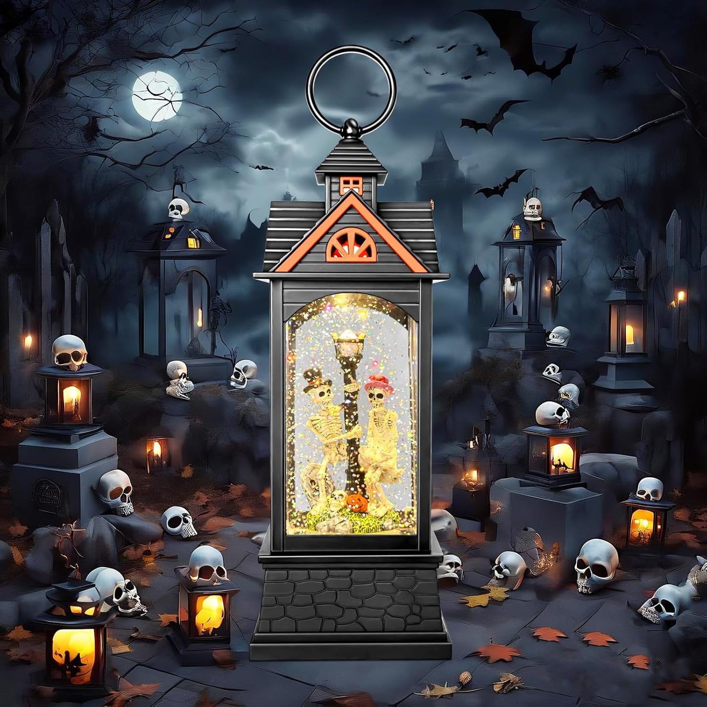 Halloween Snow Globe Lantern, Spooky Ghost Halloween Decor, Plug-in & Battery Operated Snow Globes for Halloween Decorations Indoor