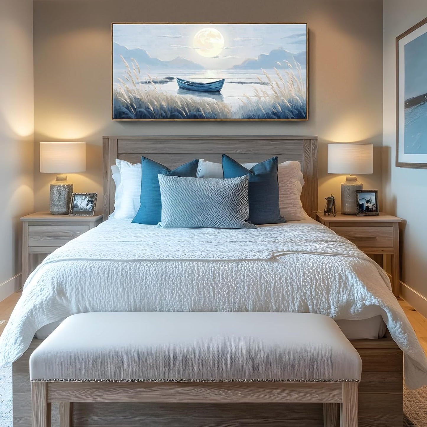 amatop Oversized Framed Coastal Wall Art for Living Room Blue Boat Moon Sea Picture Landscape Canvas Print Calming Night Ocean Lake Scene Large Artwork Nautical Bedroom Office Wall Decor 58x29 In