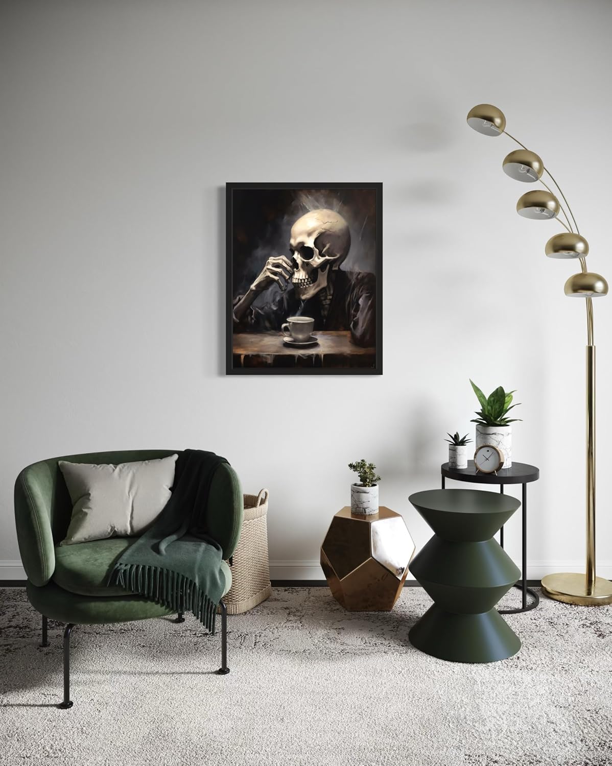 Skull Drinking Coffee Poster Art Print, Halloween Scary Vintage Wall Art Academia Spooky Painting Decoration for Horror Prints, Gothic Posters Bedroom Decor 89 (Skull Drinking Coffee, 16 x 20 inches, Unframed)