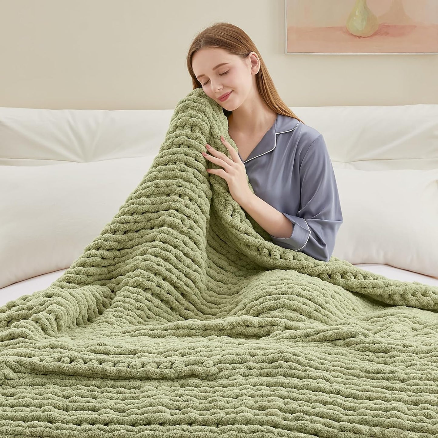 Chunky Knit Throw Blanket, 30''*40'' Knitted Throw Chenille Yarn for Bed Couch, Handmade Light Green Crochet Big Thick Blanket, Machine Washable Cute Comfy Blanket for Home Decor