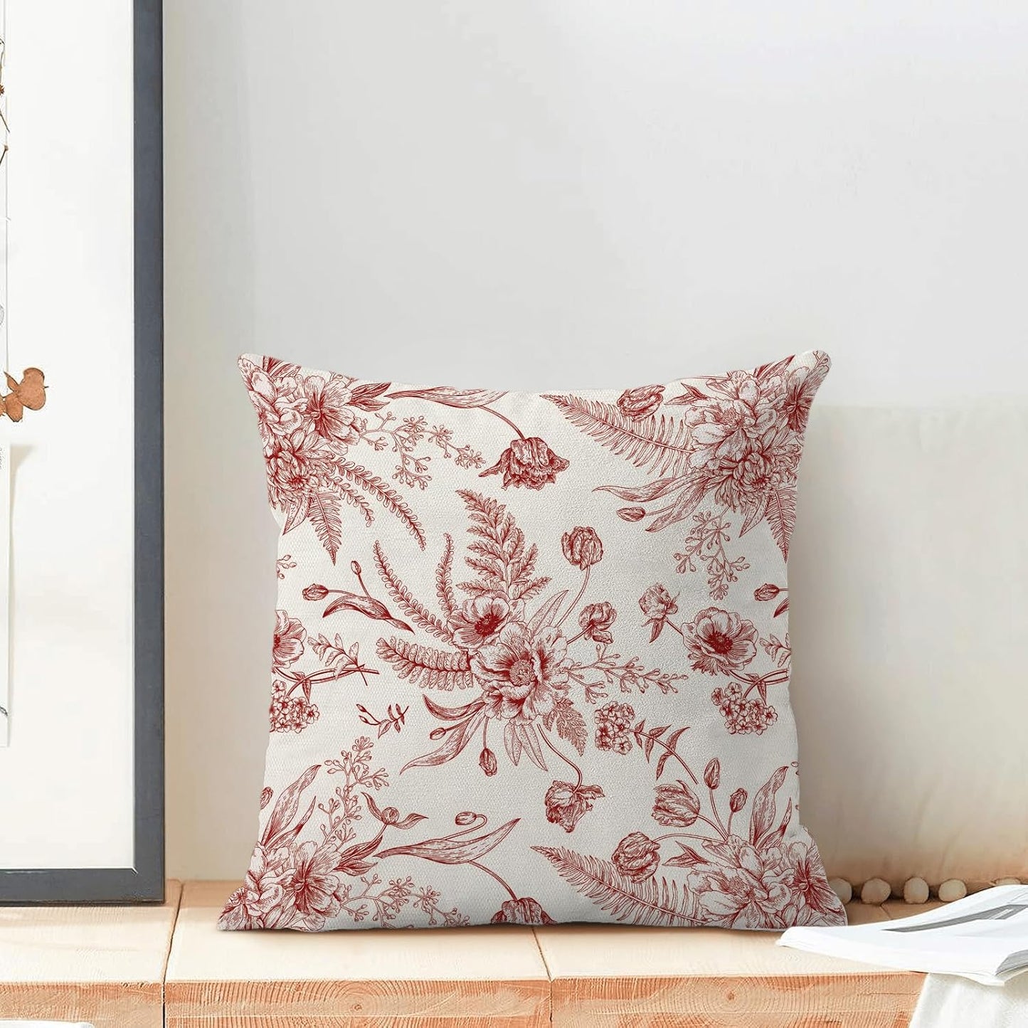 Wine Red Spring Pillow Covers 18 x 18 Inch Set of 2 for Chinoiserie Flowers Decor Throw Pillows Burgundy Floral Leaves Seasonal Plant Outdoor Decorative Cushion Cases for Couch Bed Decorations