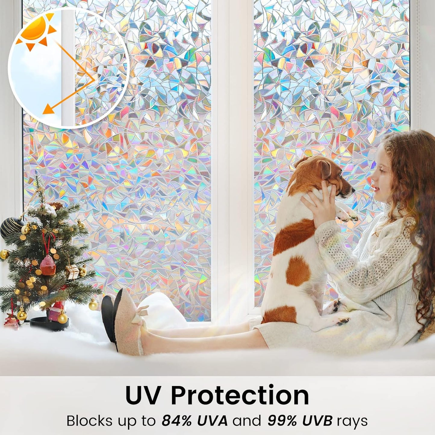 DOWELL Window Privacy Film, Rainbow Window Film, Decorative Stained Glass Clings, Static Cling Door Sticker, Non-Adhesive 3D Decals for Home UV Protection, 17.5 x 157.5 inches