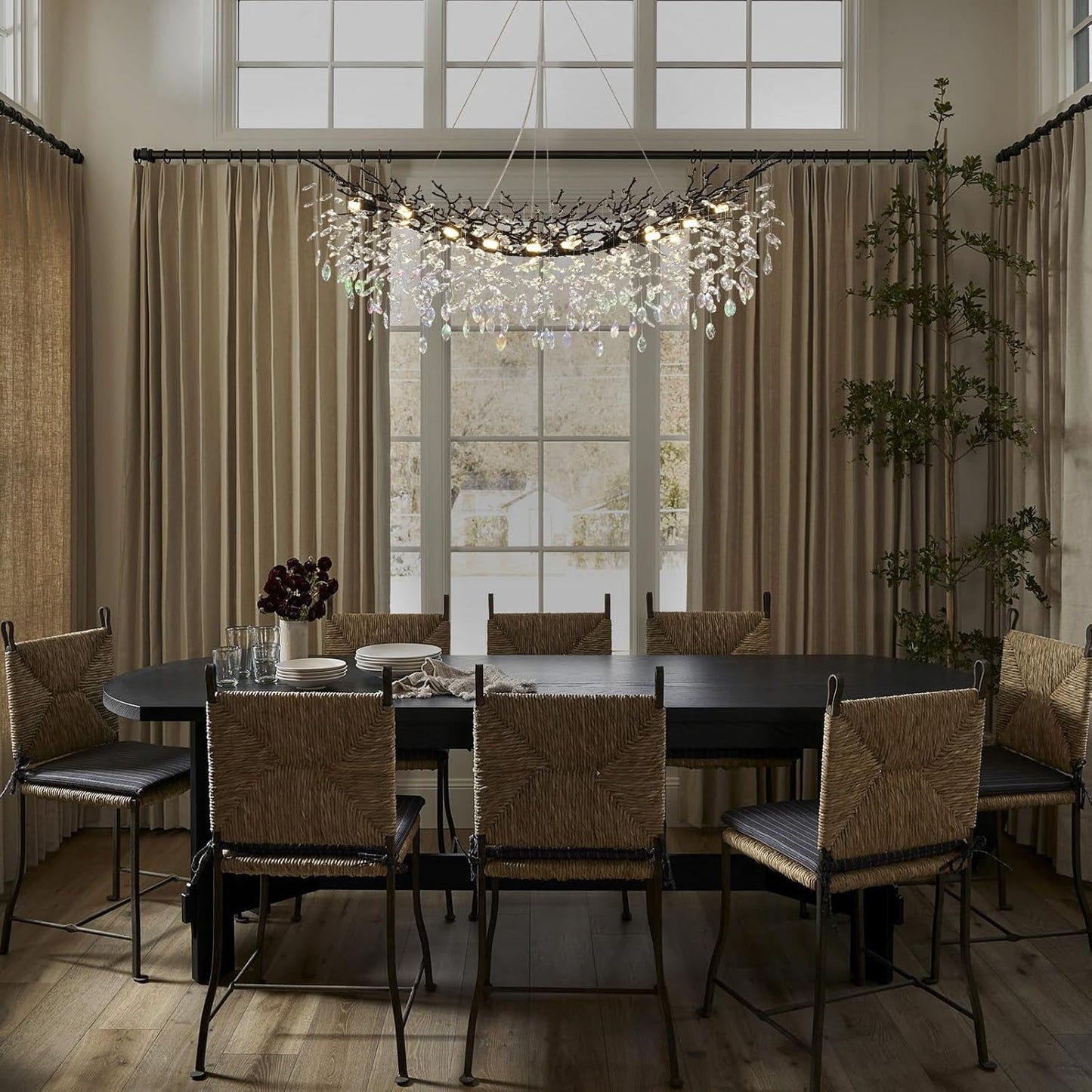 Modern Black Rectangle Crystal Tree Branch Chandelier, 55" 16-Light K9 Crystal Chandeliers for Dining Room, Rectangular Dining Room Chandelier Over Table,for High Ceiling,Kitchen