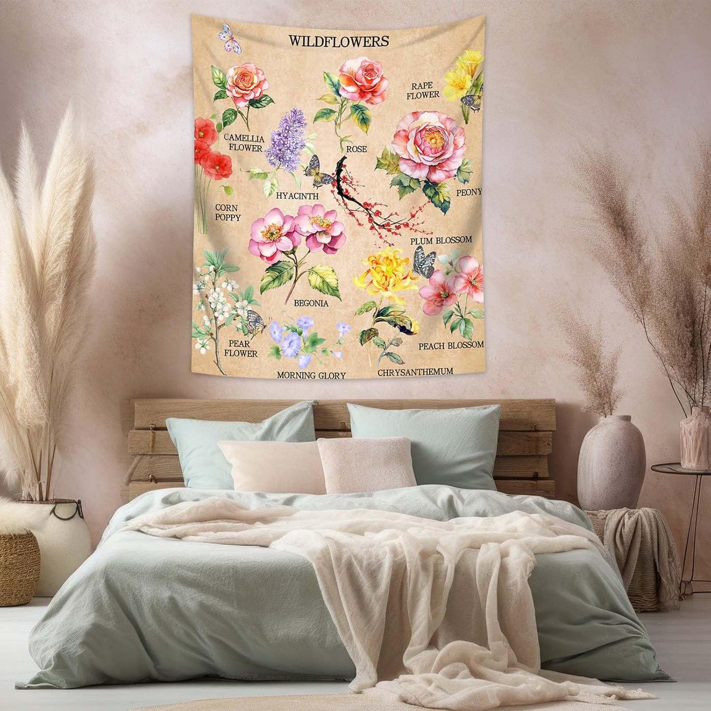 dueeia Vintage Floral Tapestry Wall Hanging Wildflowers Colourful Flower Boho Butterfly Tapestries for Bedroom Aesthetic Living Room Wall Decor (59.1"x51.2")