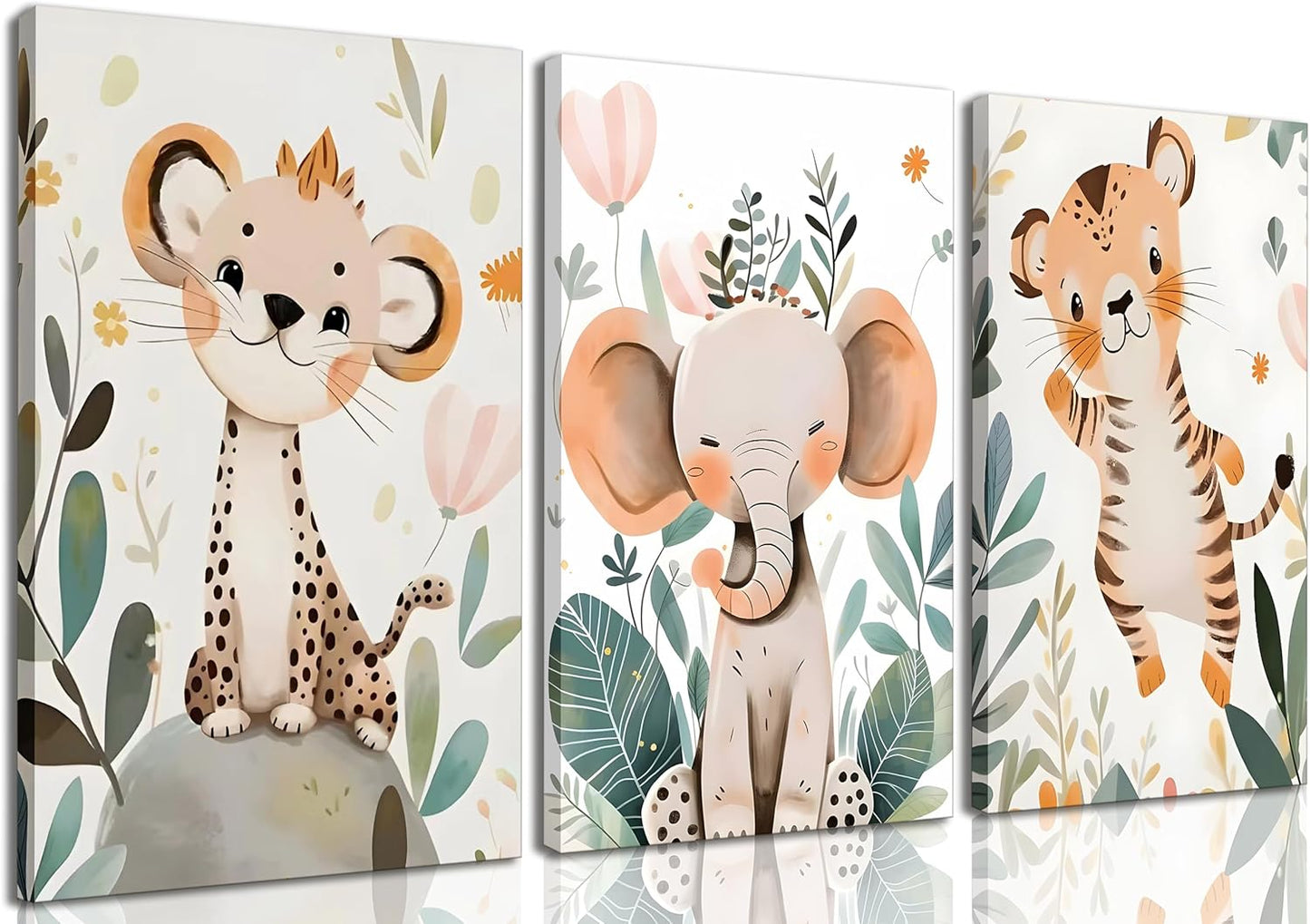 3 Pcs Safari Animals Nursery Canvas Wall Art Jungle Animals Cheetah Elephant Tiger Kids Room Illustration Pictures Wall Decor Posters Print Artwork for Classroom Boy's Girl's Room Bedroom