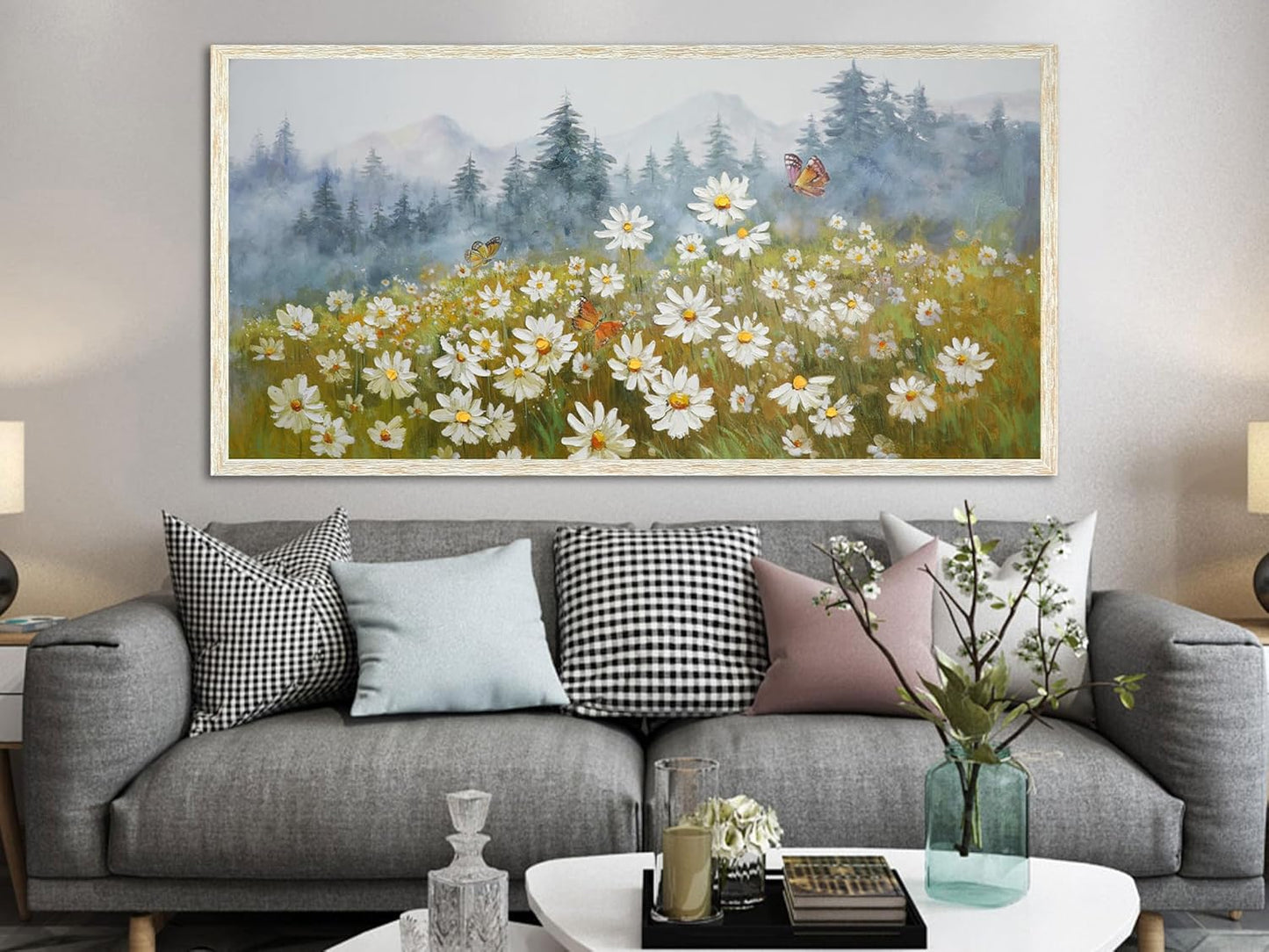 Arjun Flower Wall Art Canvas Landscape Daisy Painting Mountain Picture White Daisy Textured Floral Artwork for Living Room Bedroom Bathroom Office Home Wall Decor, Large Wood Grain Framed 40"x20"