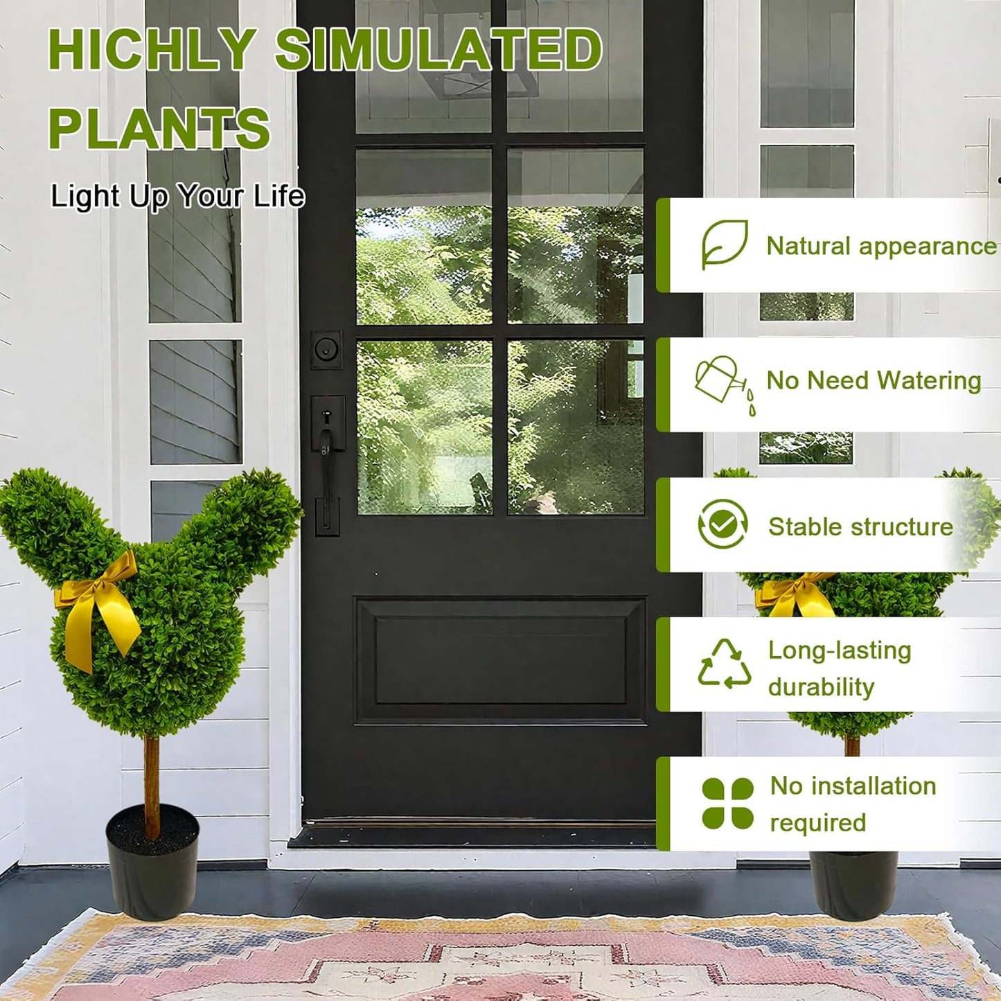 2 Pcs Artificial Bunny Shaped Topiary Trees, Artificial Green Boxwood Bunny Decorations with Gold Bow, Perfect for Indoor & Outdoor Front Porch, Easter& Garden Decor (Bunny Shaped Topiary Tree)