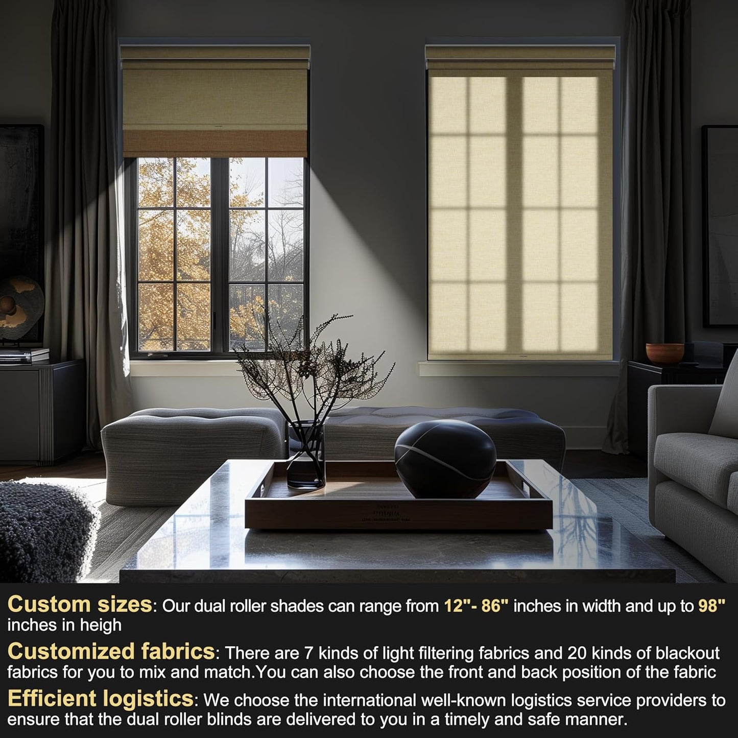 BERISSA Cordless Dual Roller Shades with Cassette Valance,Double Window Shades Blackout and Light Filtering,Day and Night for Home Office Door.Linen Beige.50 W x 44" H