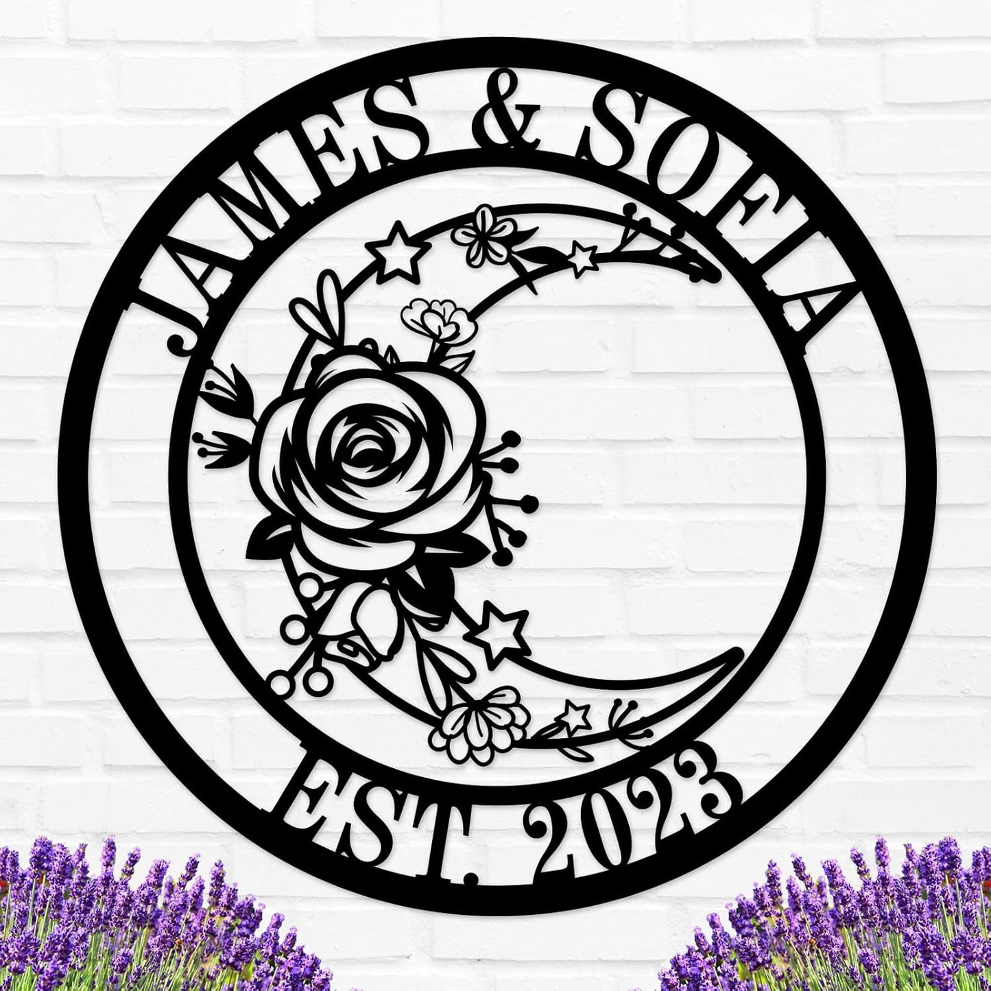 Moon Metal Floral Art Decor Black Boho Large Floral Moon and Star Phase Wall signs for Half Moon Flower Sculpture Hanging Wall Decor for Bedroom