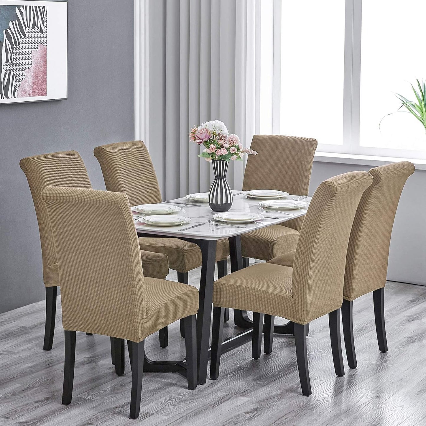 Howhic Stretch Chair Covers for Dining Room Set of 4, Removable Washable Dining Room Chair Covers, Dining Chair Slipcovers Seat Protector, Great Home Decor and Banquet Upholstery (Tan, 4 Pack)