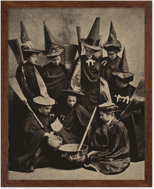 Poster Master Vintage Photograph Poster - Retro Halloween Print - Gift for Artist, Friend - Witches Cooking, Pointy Hats, Broomsticks, Black Magic - Wall Decor for Bedroom, 8x10 Brown Framed