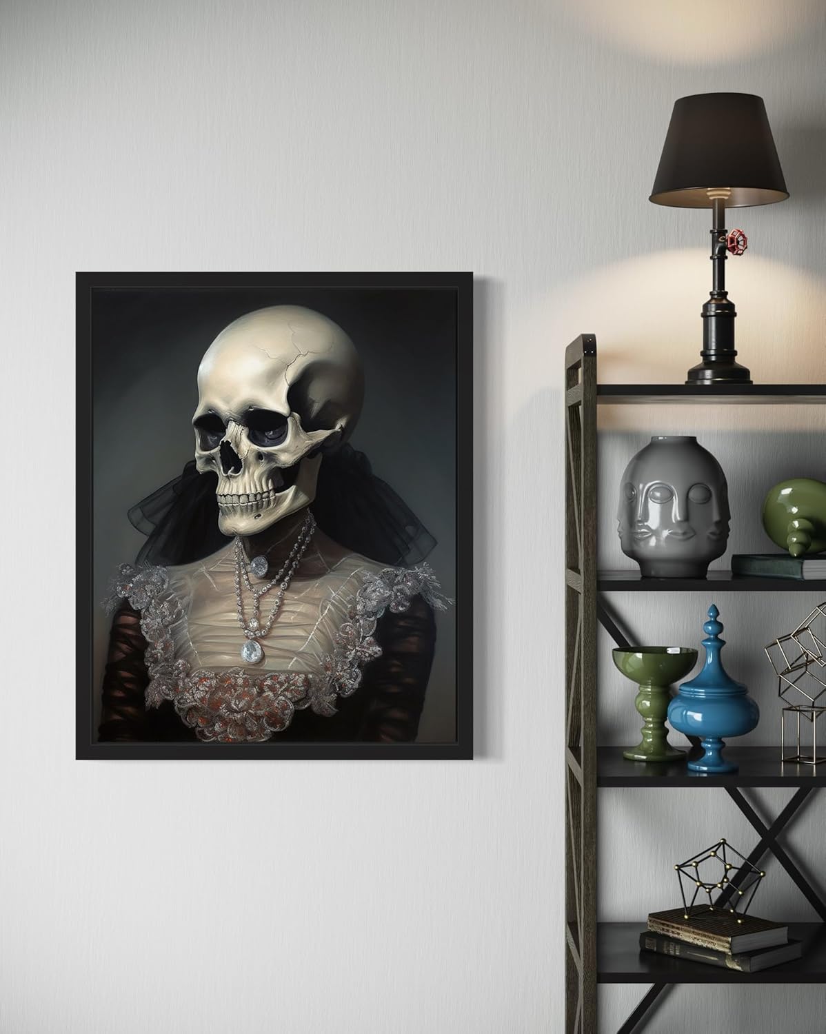 Female Skull Poster Art Print, Halloween Scary Vintage Wall Art Academia Spooky Painting Decoration for Horror Prints, Gothic Posters Bedroom Decor 89 (Female Skull, 16 x 20 inches, Black Frame)