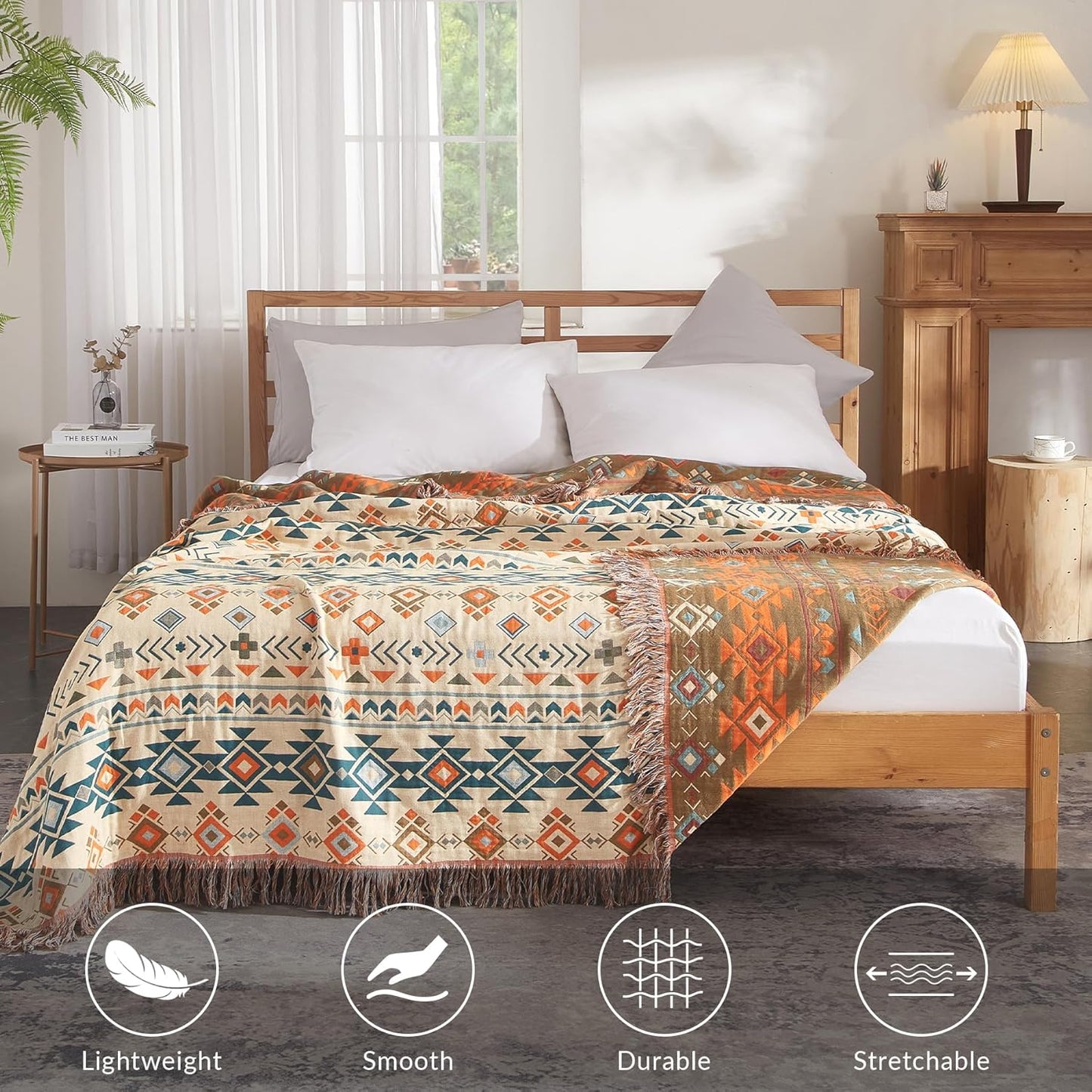 Boho Throw Blanket for Couch Sofa Bed, 100% Cotton Woven Quilt with Tassel 80”x90”, Super Soft Muslin Blanket with Patchwork Printed, Decorative Reversible Bed Blanket/Cover for All Seasons