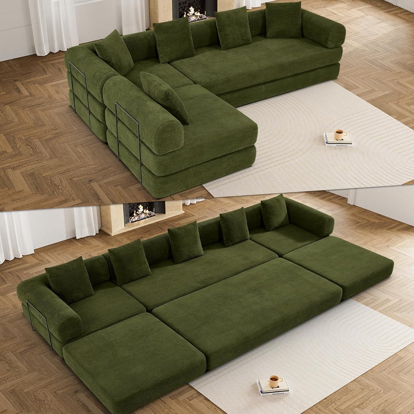 Convertible Sleeper Sofa Bed Set with Pillow, 4-in-1 Corduroy Folding Mattress Boneless Couch with Fixed-Shape Frame, Fold Out Floor Sofa Cama Lounge Couch for Living Room, Olive Green