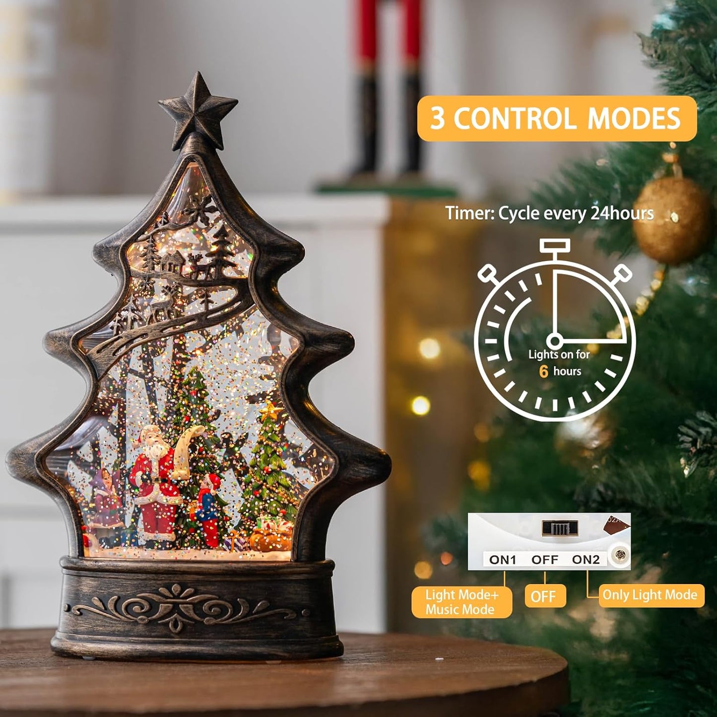 Musical Snow Globe Christmas Tree Lantern Lighted Santa's List Christmas Snow Water Lantern Swirling Glittering Home Decoration and Gift, Battery Operated or USB Powered