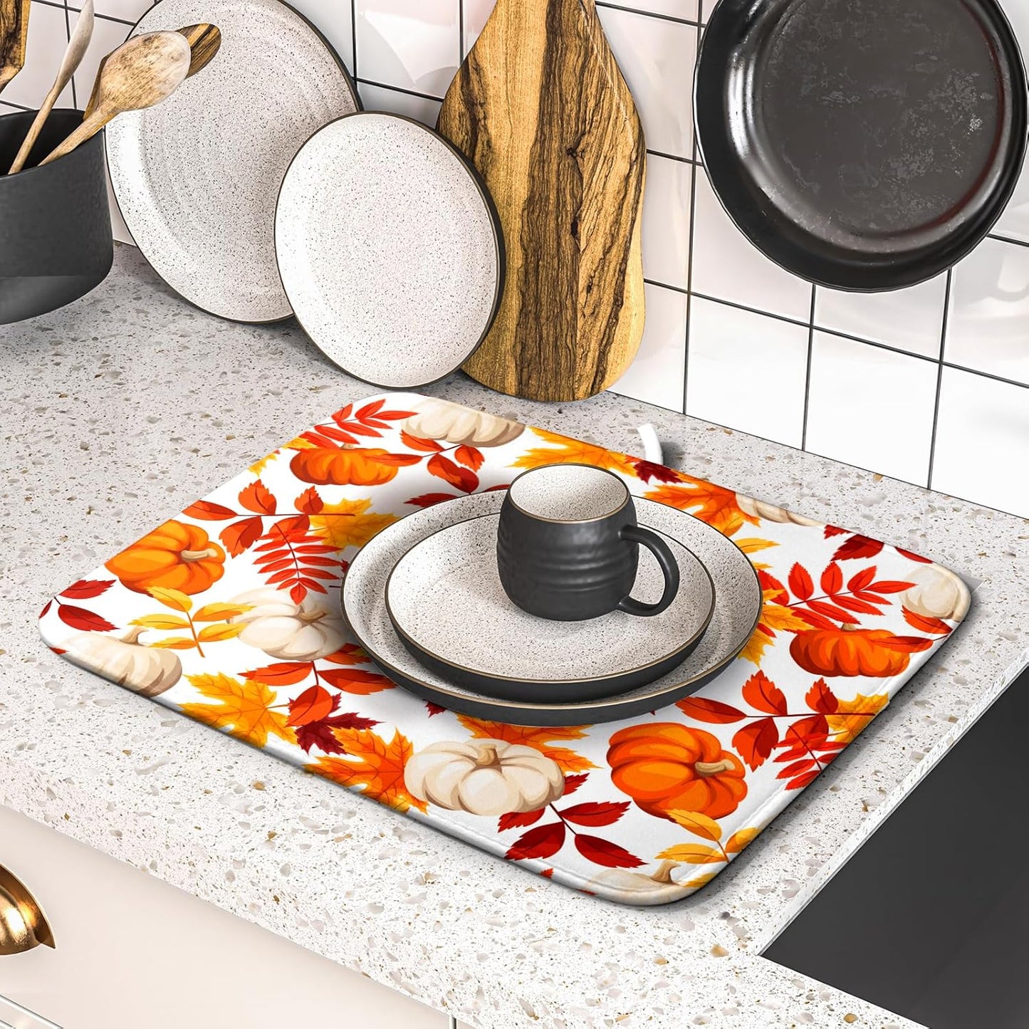 Fall Dish Drying Mat for Kitchen Counter Watercolor Pumpkins Autumn Leaves Thanksgiving Super Absorbent Reversible Microfiber Kitchen Countertop Protector Dishes Pad Small 16x18 inch