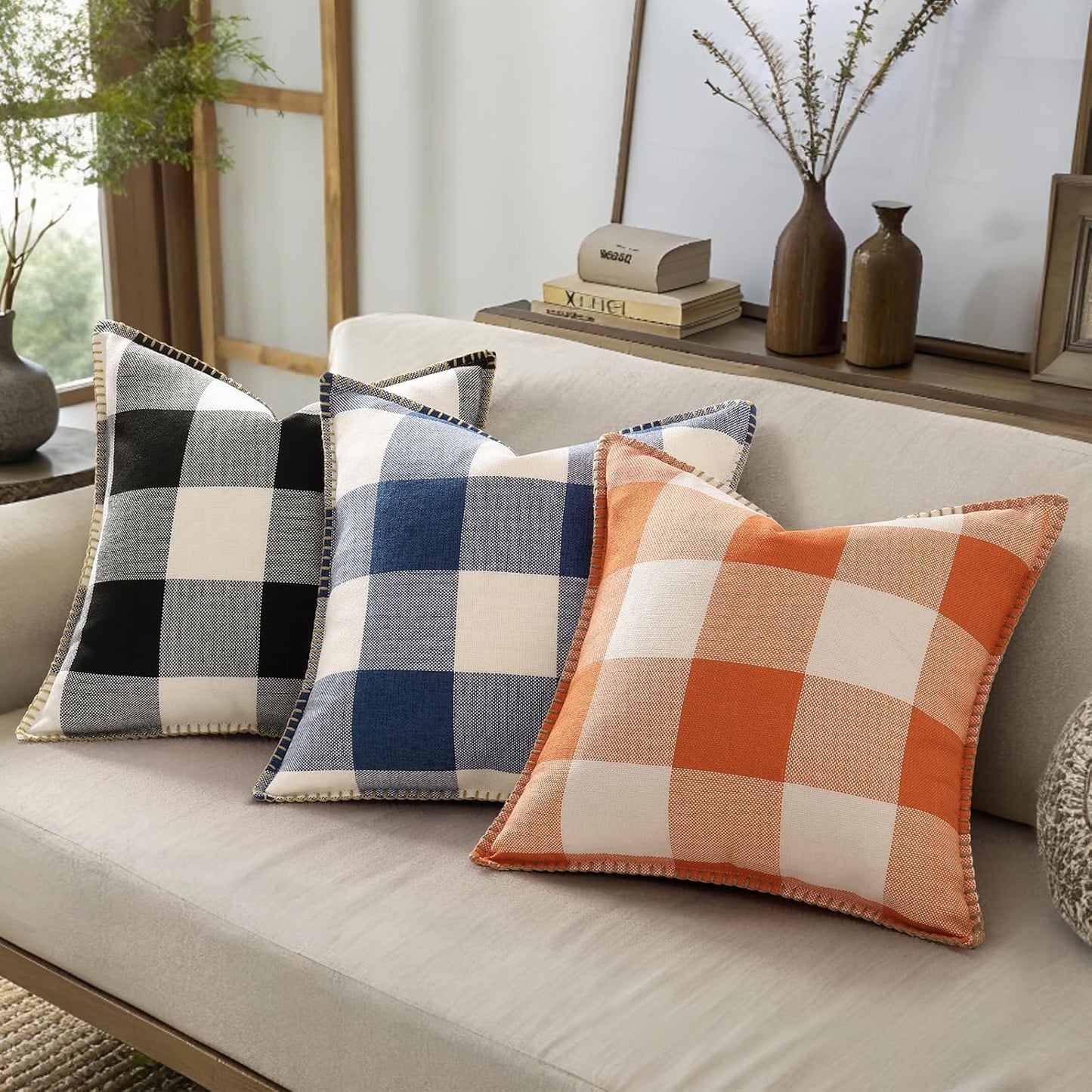 decorUhome Buffalo Plaid Check Throw Pillow Covers 24x24 Set of 2, Outdoor Decorative Farmhouse Neutral Pillow Covers with Stitched Edge for Bed Couch Sofa, Navy Blue and White