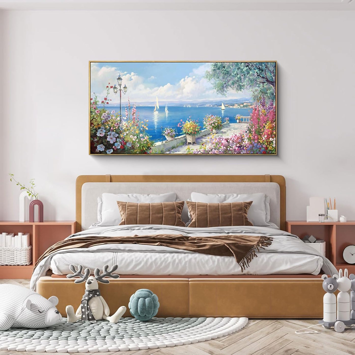 XLSJERST Large Coastal Wall Art - Ocean Seascape Canvas Yellow Green Flowers Painting Landscape Sailboat Picture Artwork Modern Large Framed for Living Room Bedroom Home Office Decor 24x48