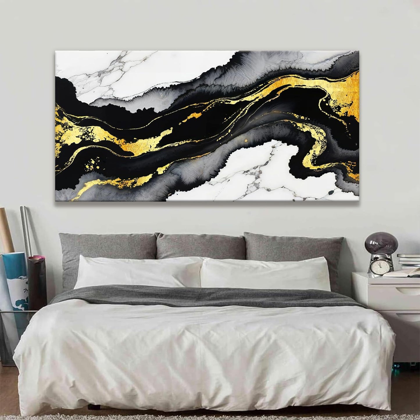TAIJXAGSG Large Abstract Wall Art Canvas Art Wall Decor Marble Texture Black And Gold Wall Art Canvas Picture Painting Artwork For Bedroom Dinning Room Modern Home Wall Decor 29 x 58 In