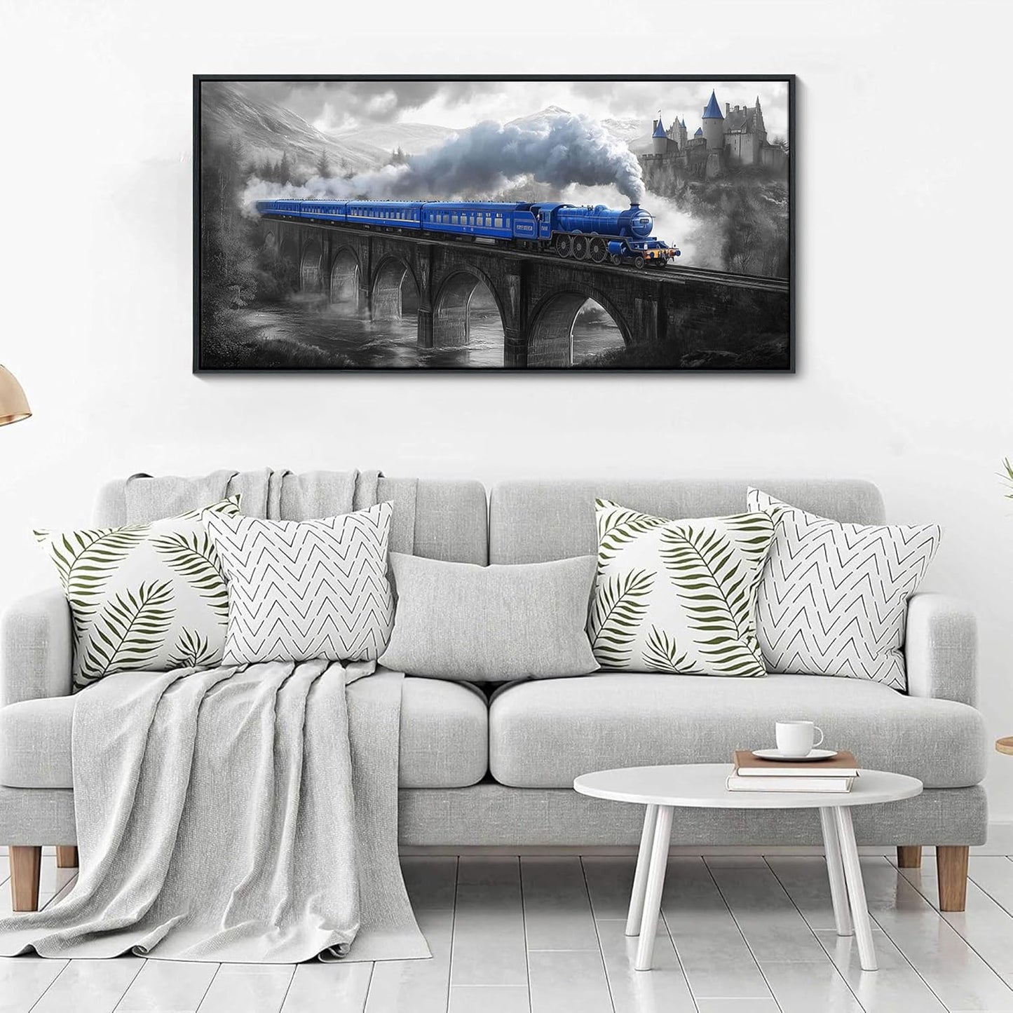 JEAWA Framed Canvas Wall Art - 20x40 IN Blue White Gray Landscape Wall Decor, Picture with Castle Bridge Train, Art Prints for Living Room Bedroom Bathroom Home Decoration