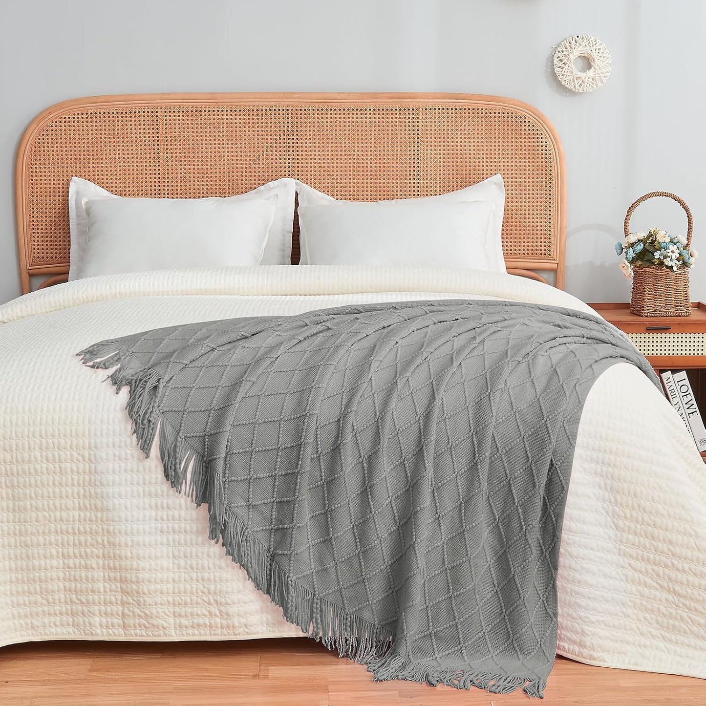 inhand Knitted Throw Blankets for Couch and Bed, Soft Cozy Knit Blanket with Tassel, Light Grey Lightweight Decorative Blankets and Throws, Farmhouse Warm Woven Blanket for Men and Women, 50"x60"