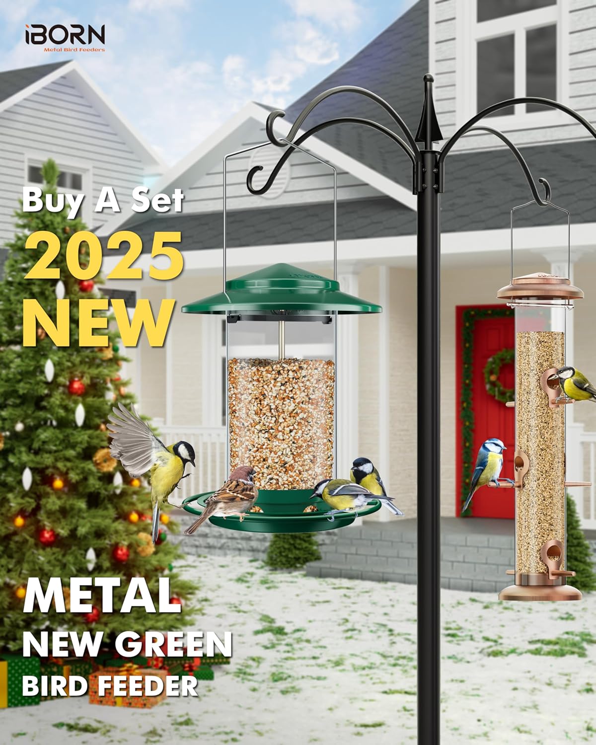iBorn Metal Bird Feeders for Outdoors Hanging,Wild Bird Feeders for Cardinal,18cm Large Roof&Tray New Green 6 Port (Seed is not Included)