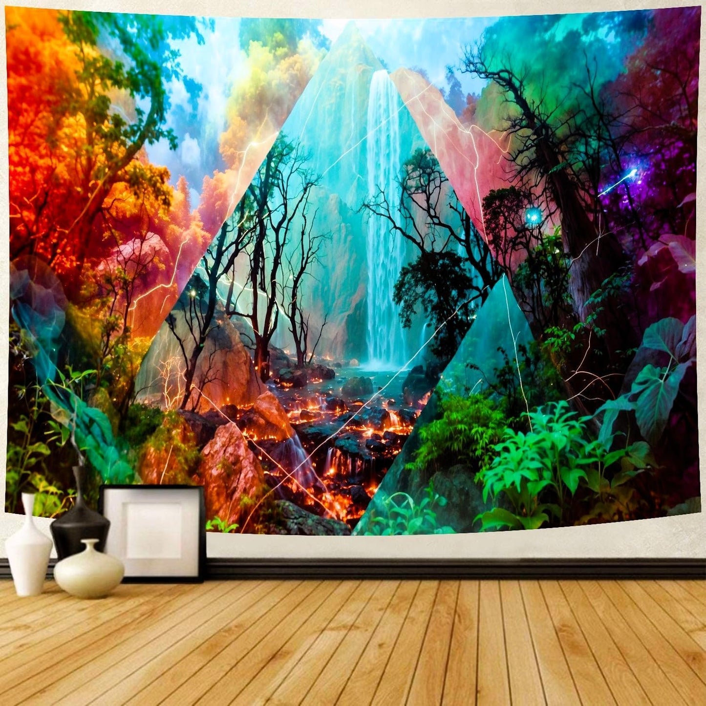Delur Forest Tapestry Waterfall Mountain Rainforest Sunset Nature Tree Tapestry Wall Hanging Scenic Tropical Landscape Natural Sunrise Headboard for Bedroom Living Room Home Decor (70.8" x 92.5")