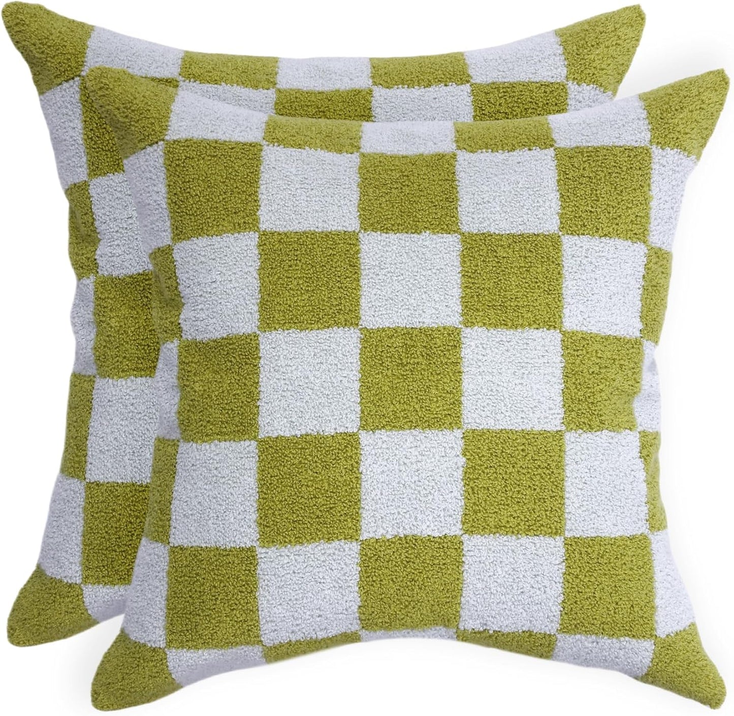 Alysheer Checkered Embroidered Decorative Throw Pillow Covers 18"x 18" Set of 2, Farmhouse Cottage Blue Green Designer Plaid Patterned Cotton Accent Cushion Case for Sofa Couch Bed Living Room