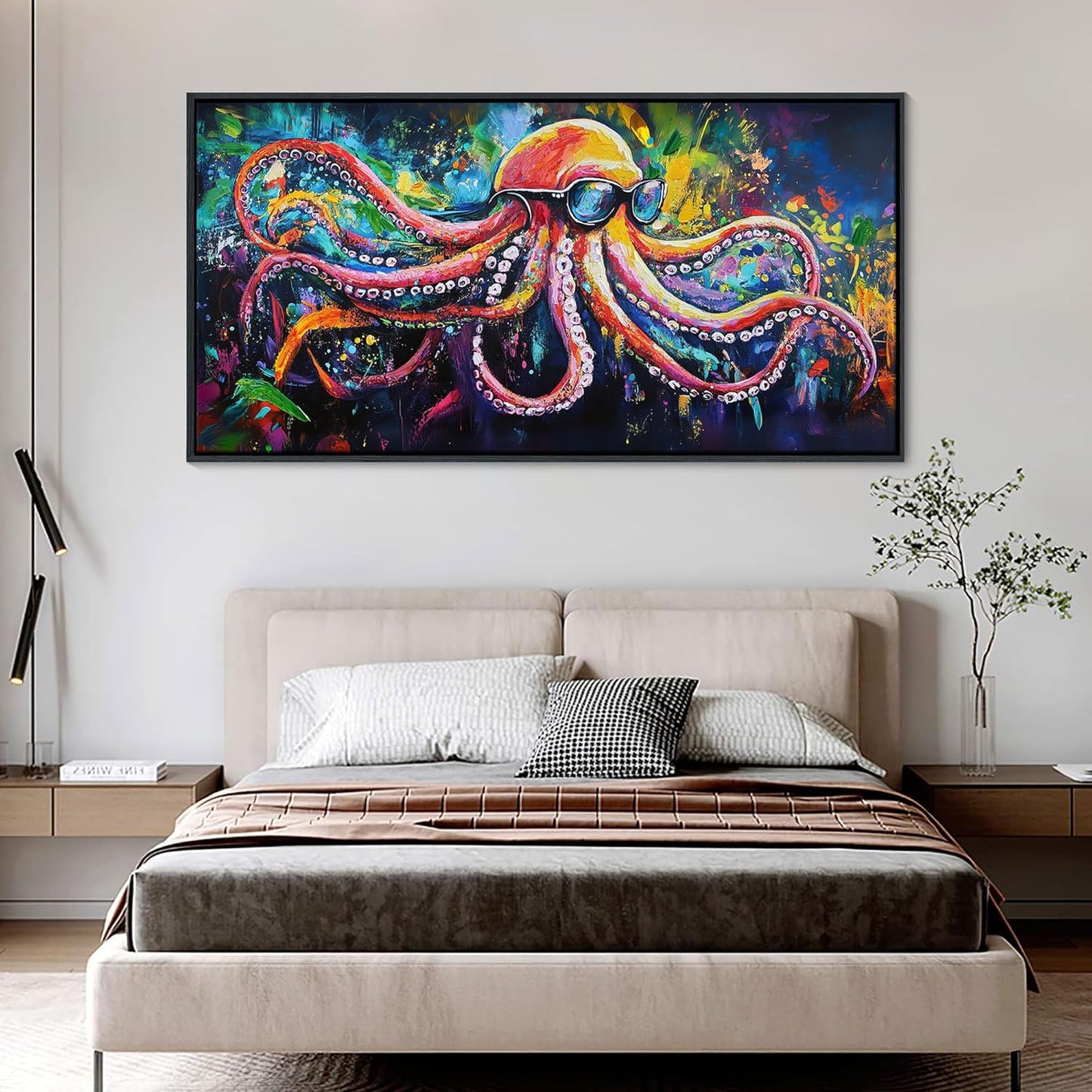 JEAWA Large Framed Wall Art - Funny Octopus Wearing Sunglasses Modern Street Graffiti Texture Wall Painting for Living Room Bedroom Teenage Boy Room Game Room Cool Posters Decor 24x48 IN