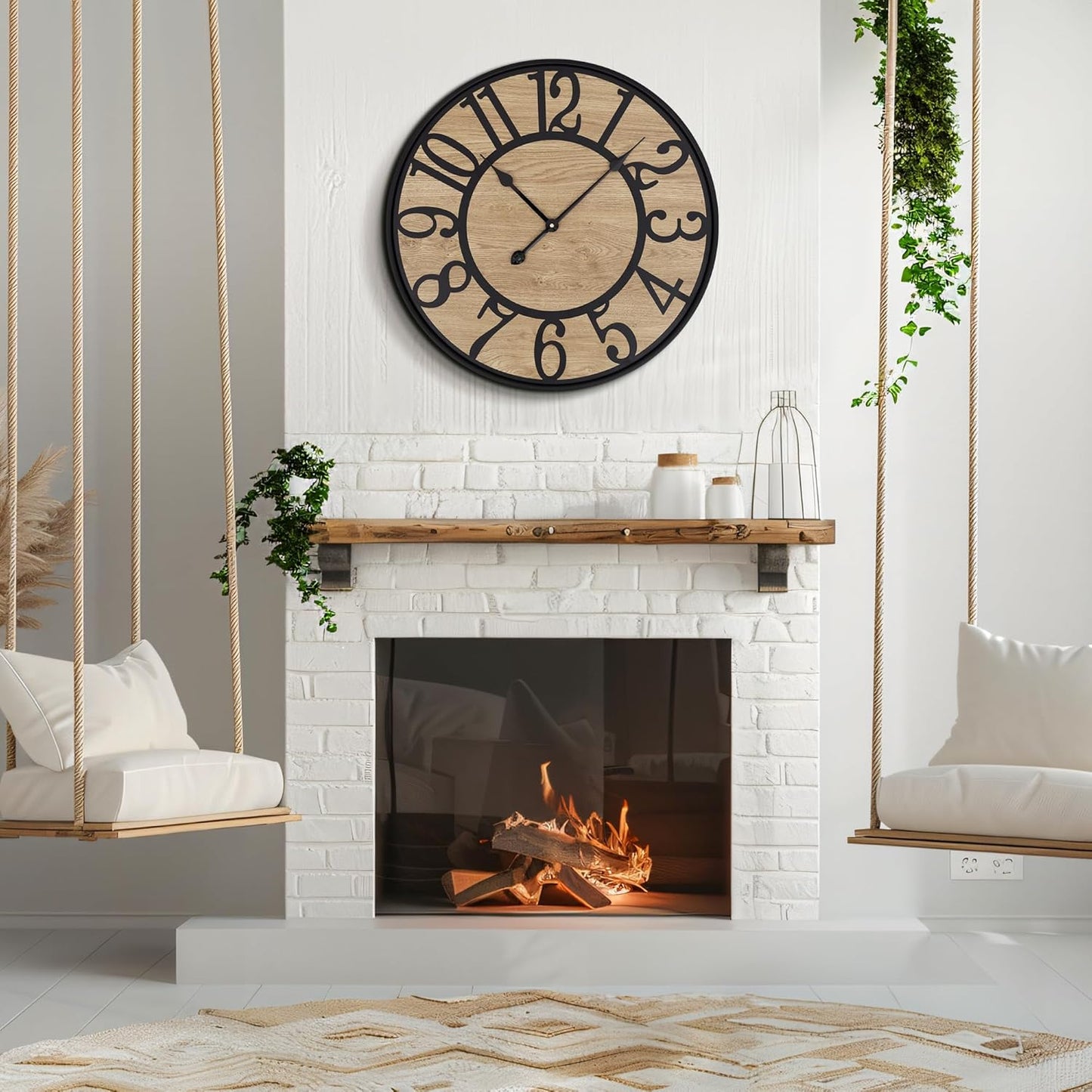 Large Wall Clock for Living Room Decor - Non-Ticking, Battery Operated Modern Vintage Wood Clock for Bedroom, Kitchen, Farmhouse, Office - Oversized Decorative Silent Clock