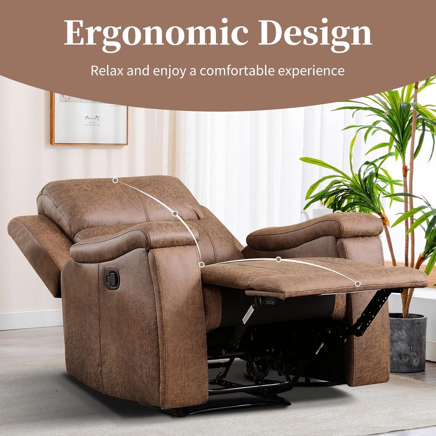 EBELLO Recliner Chair, Single Overstuffed Sofa Recliner, Breathable Faux Leather Manual Reclining Chairs with Hidden Cup Holder, Arm and Back for Adults, Living Room, Bedroom, Light Brown