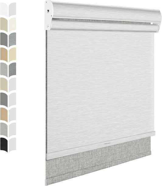 BERISSA Cordless Dual Roller Shades with Cassette Valance, Double Window Shades - Blackout and Light Filtering, Day and Night for Home Office Door. Linen Grey and White. 34 W x 64" H