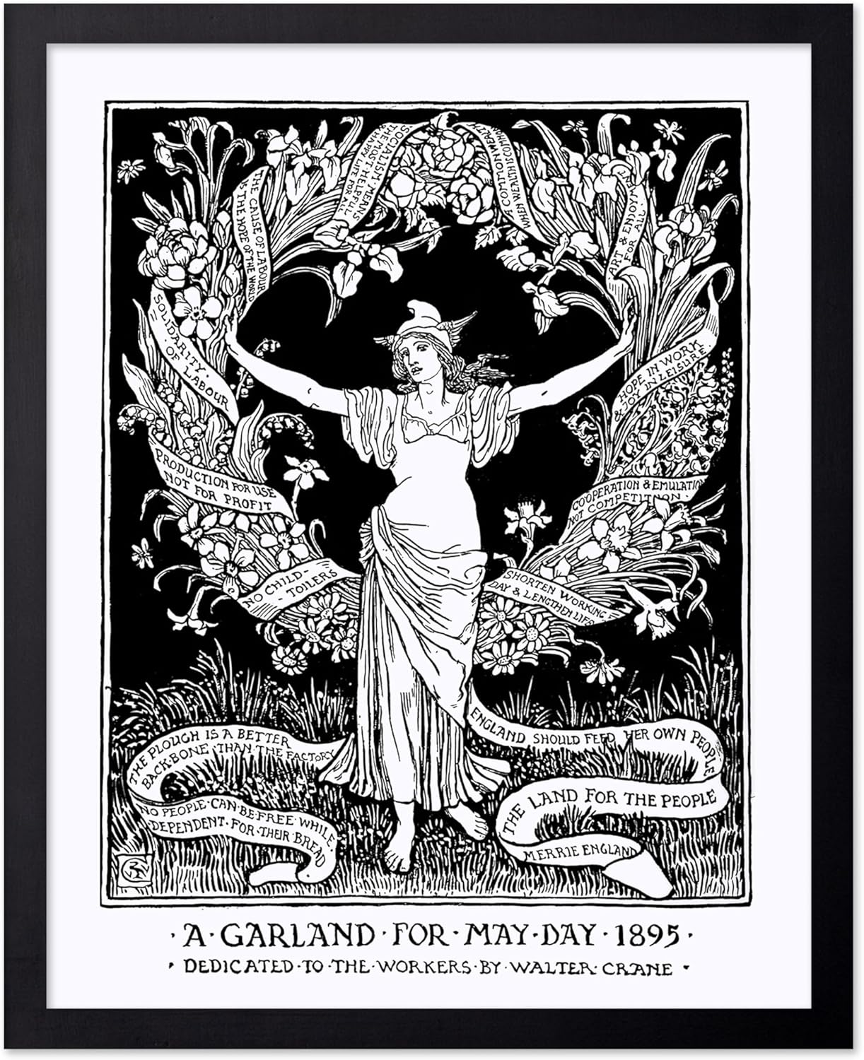 Poster Master Vintage Walter Crane Poster - Retro A Garland for May Day Print - Socialist Art - Gift for Him, Her, Men, Women - Wall Decor for Home, Office, Living Room, 8x10 Black Framed