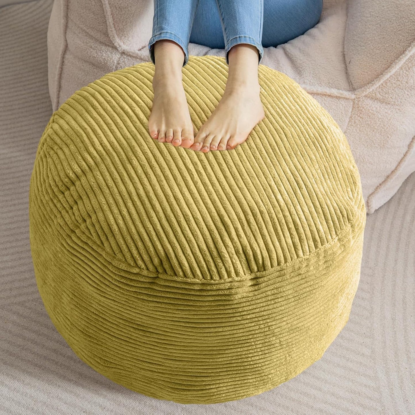 HIGOGOGO Round Stuffed Pouf Ottoman, Corduroy Poufs with Foam Chunk Filling, Furry and Fluffy Pouf Foot Stool Storage Ottoman, 26 X 18 Floor Poufs Foot Rest for Living Room, Green