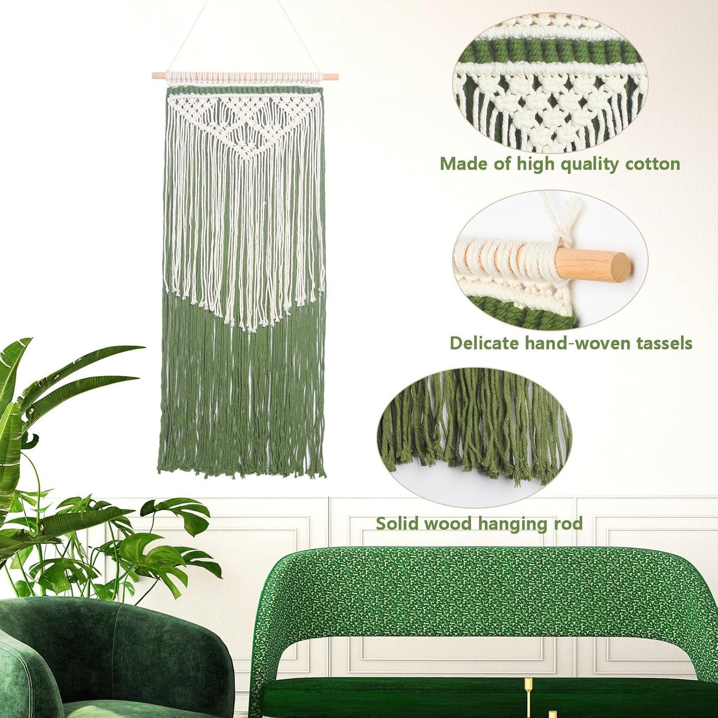 JONKASIPA Macrame Wall Hanging Bohemian Handmade Tassel Wall Art Decorations,Green Fringe Chic Home Decor for Apartment Dorm Living Room Bedroom