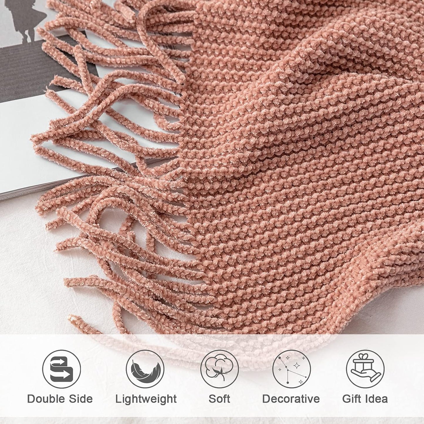 lifein Pink Throw Blanket for Couch, Soft Boho Decor Bed Throw,Cozy Chenille Knitted Small Farmhouse Lightweight Throw for Spring(Pink,50 * 60")