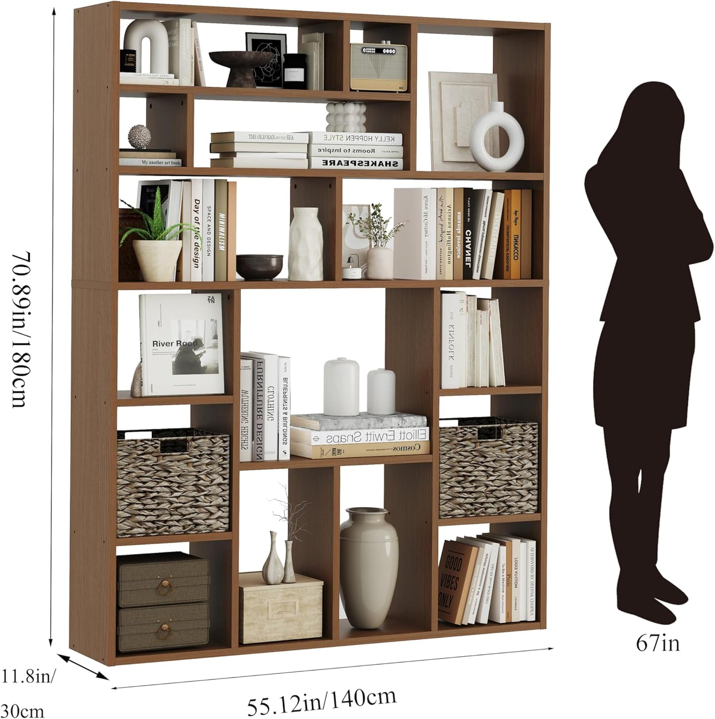 BLANKSPACE 71" H Large Bookcase with 6 Open Shelves & 2 Foldable Baskets - Heavy Duty Storage Bookshelf for Home Office, Living Room, Freestanding Organizer, Yili Oak