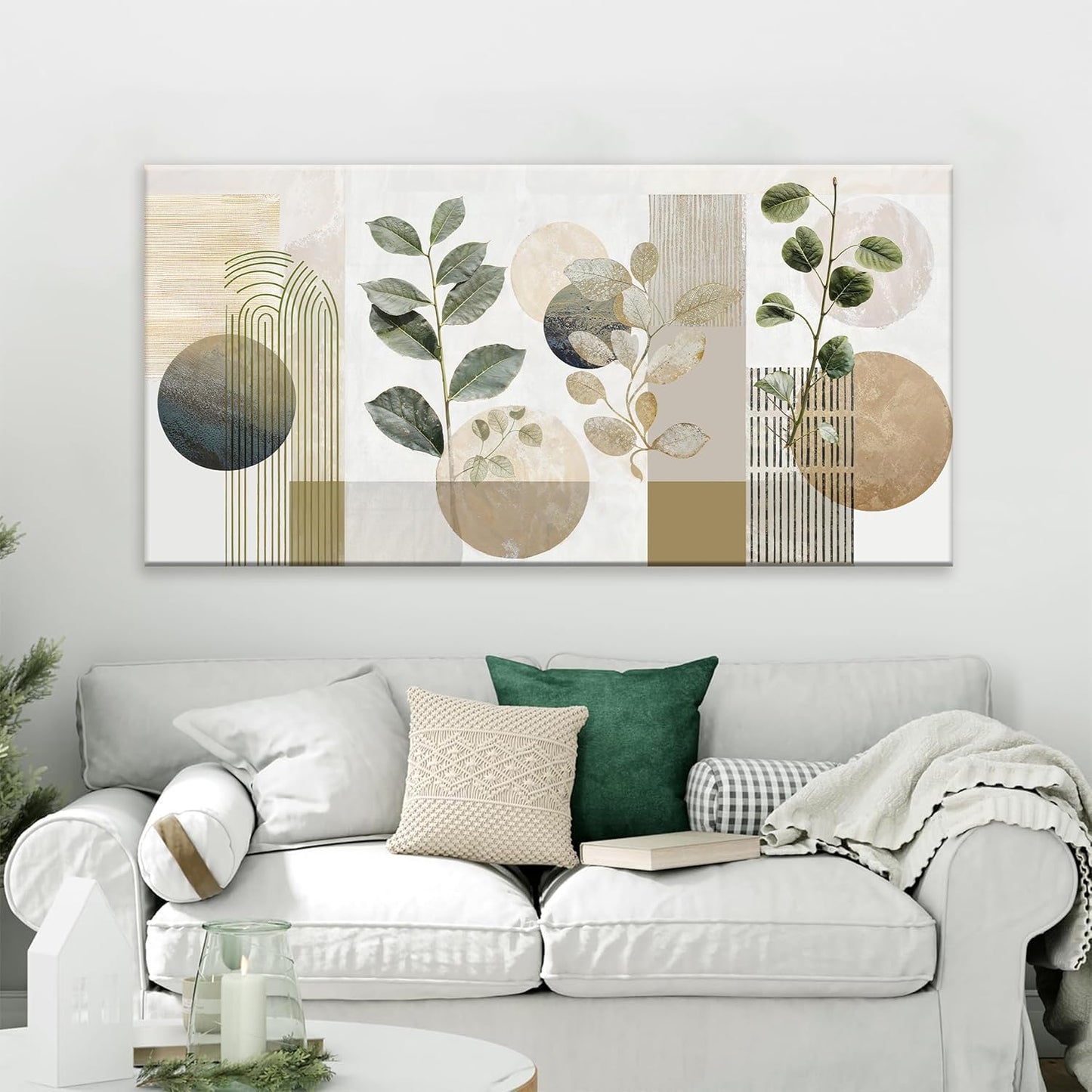 Boho Green Wall Art Mid Century Canvas Wall Art Decor Set Bohemian Abstract Wall Decor Modern Geometric Wall Painting Neutral Botanical Art Print Picture Living Room Bedroom Office Artwork 24"X 48"