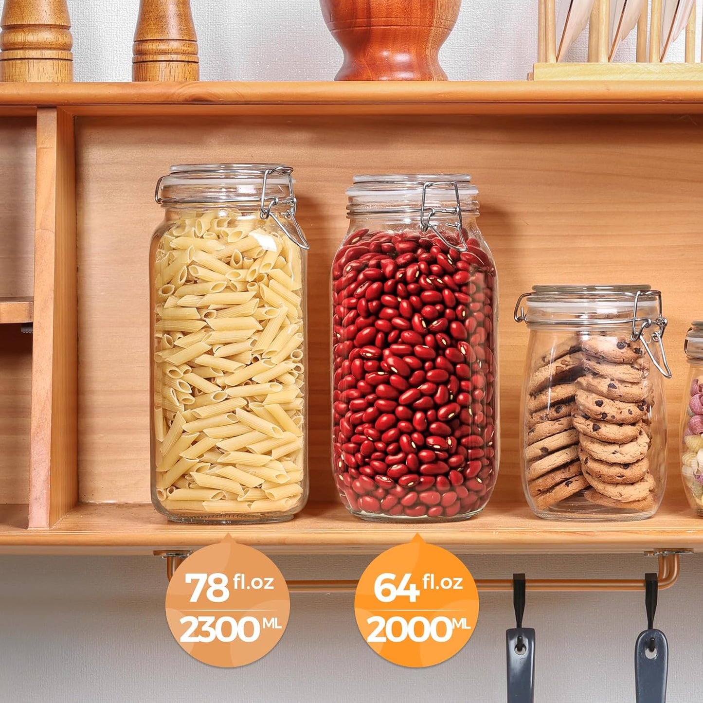 ComSaf Large Glass Jars with Lid 64 oz, Large Mason Jars Set of 3, Glass Canisters with Airtight Lids, Half Gallon Canning Jar with Seal Wire Clip Fastening for Kitchen, Pickle, Flour, Sugar, Cereal