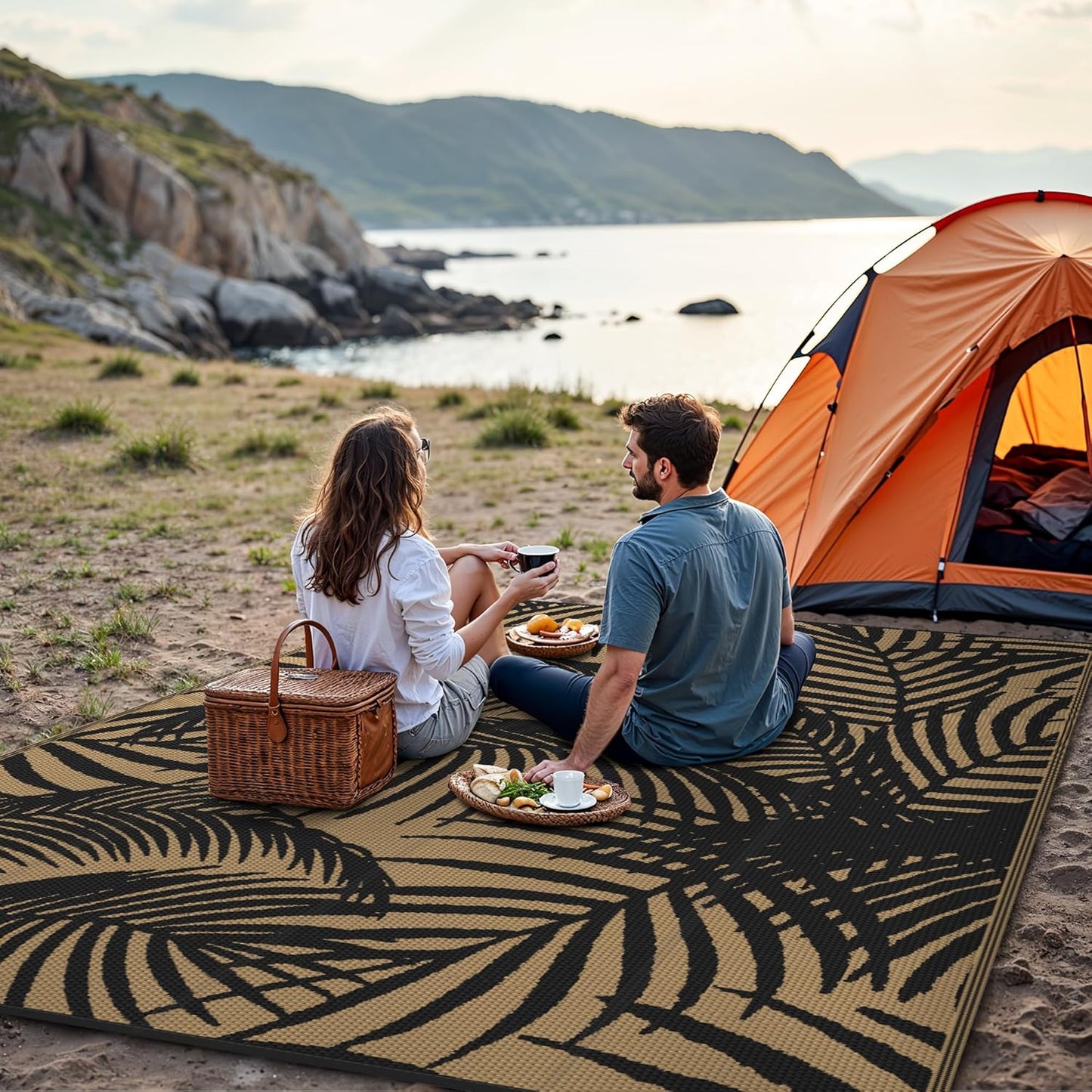 GENIMO Outdoor Rug 5' x 8' Waterproof for Patio Clearance, Reversible Plastic Straw Camping Carpet, Lightweight Mats for Rv, Backyard, Deck, Porch, Picnic, Beach, Balcony, Black & Brown