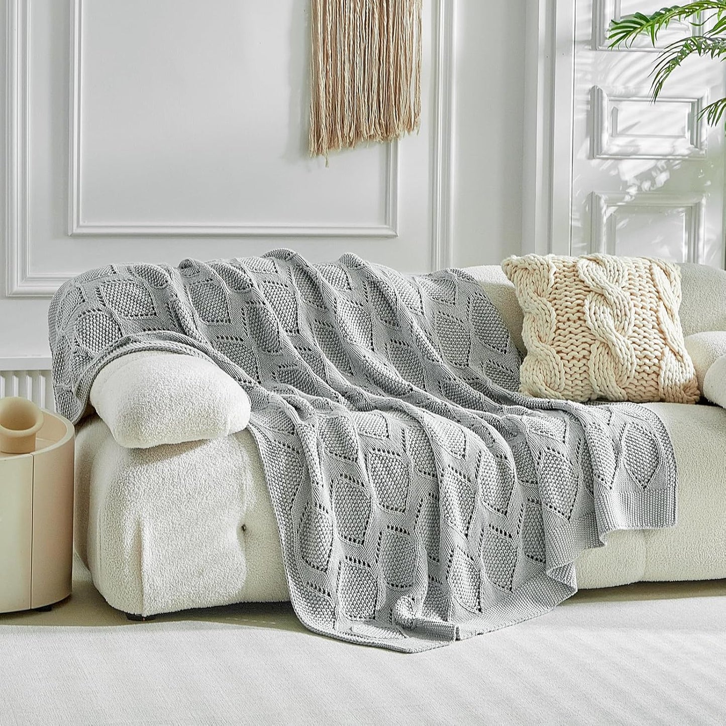 Longhui bedding Chunky Cotton Knit Throw Blanket for Couch, Sofa, Bed, or Chair, Decorative Breathable Fall Cable Knit Blanket 51 x 63 Inches, Grey