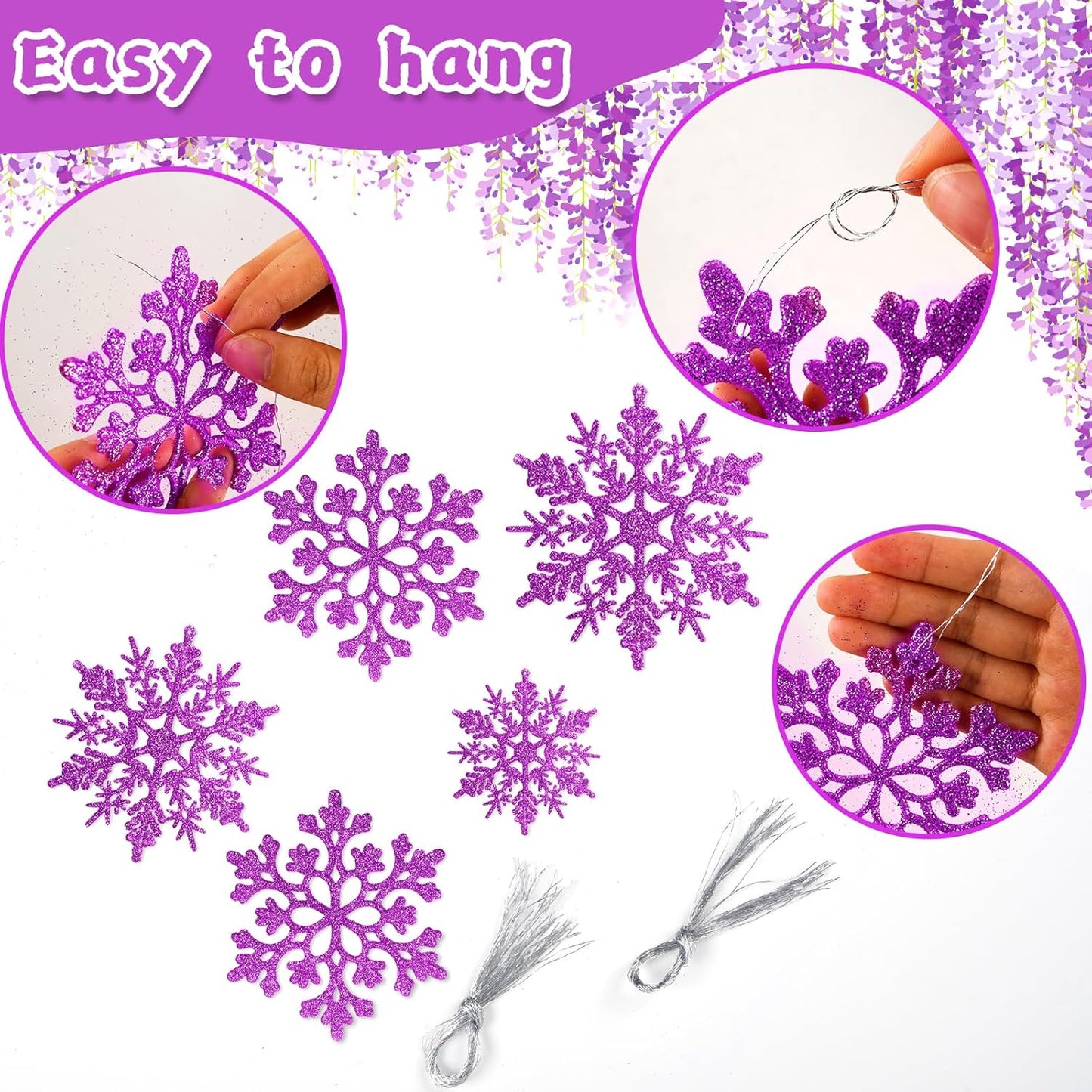 36pcs Christmas Light Purple Snowflake Ornaments，Plastic Light Purple Snow Flakes Hanging Ornaments for Christmas Tree Decor Winter Wonderland Frozen Birthday Party Holiday Home Decor Craft Snowflake
