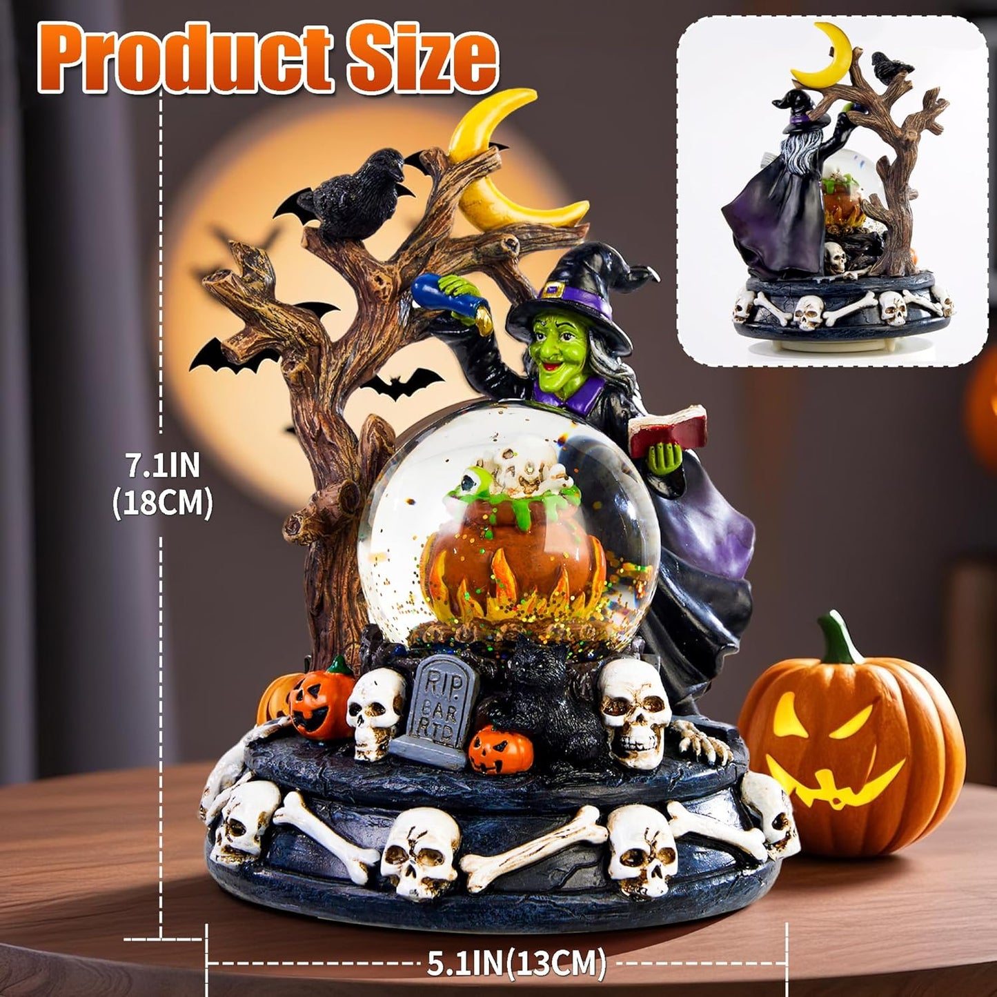 Halloween Snow Globe Lantern with Music - Lighted Witches, Ravens, Pumpkins & Black Cat Glitter Lantern, Witch Black Cat Halloween Decorations Indoor for Spooky Party Home Décor