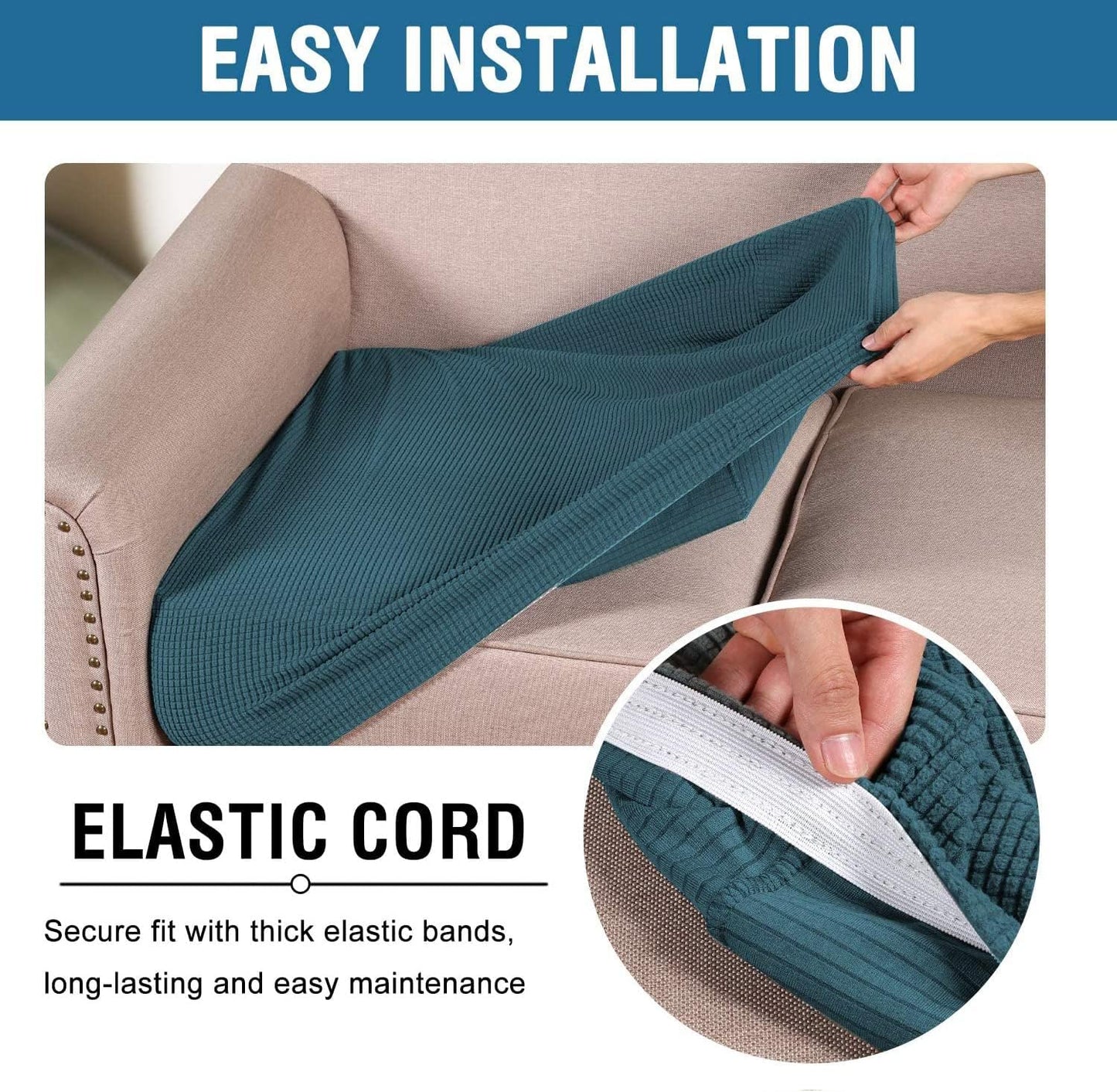 H.VERSAILTEX Super Stretch Individual Seat Cushion Covers - Sofa & Couch Cushion Slipcover Sets - Thick Jacquard Textured Twill Fabric (3 Piece XL Sofa Cushion Covers, Deep Teal)