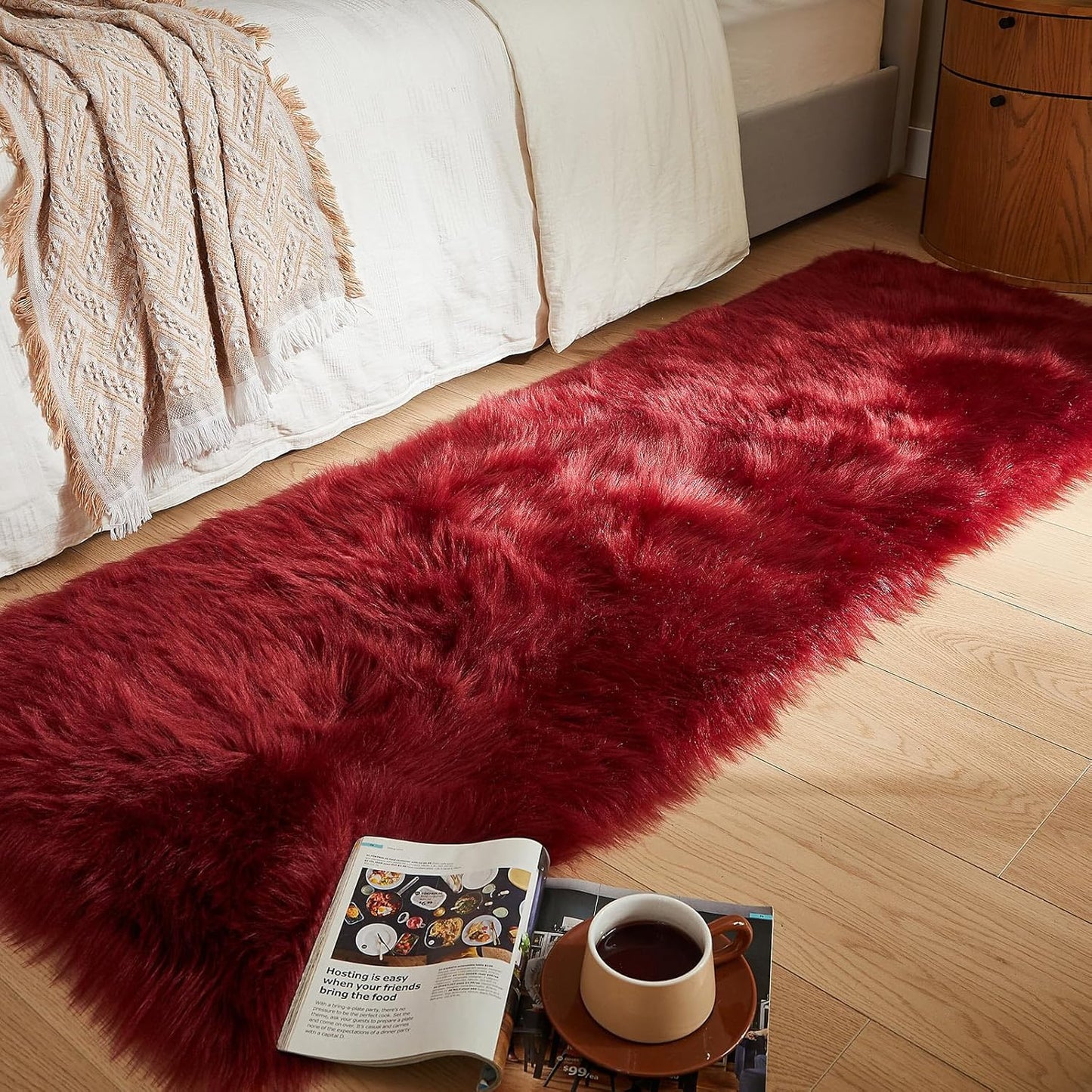 AMTOVO Faux Fur Rug, Burgundy Ultra Soft Fluffy Shag Sheepskin Rug, 2 x 6 ft Runner Area Rugs for Bedroom Sofa Throw Cushion Room Decor, Rectangle