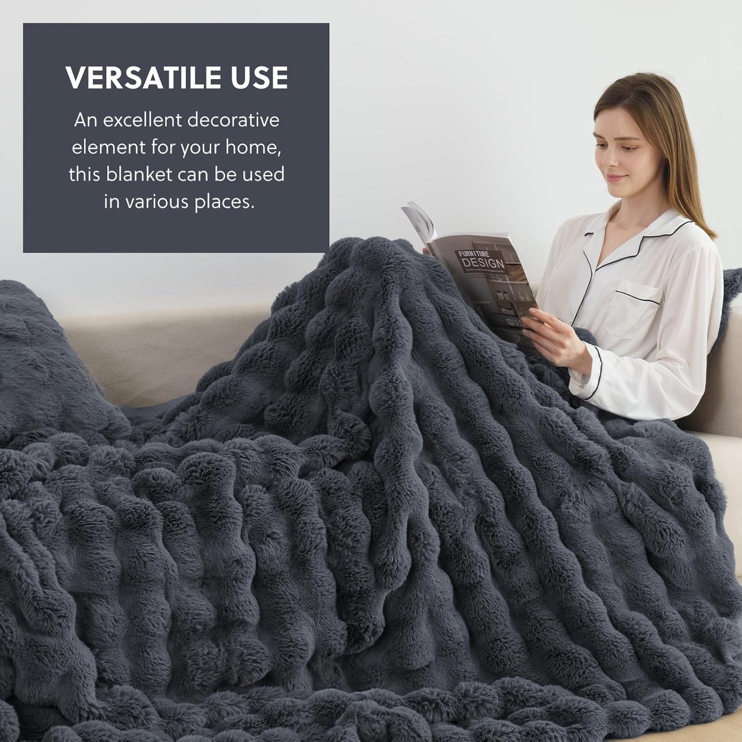 Cozy Faux Fur Throw Blanket for Bed-Warm Fuzzy Throw Blanket, Soft Plush Thick Bubble Blankets for Bedroom and Living Room, Furry Luxury Blanket, 90 x 108, Grey