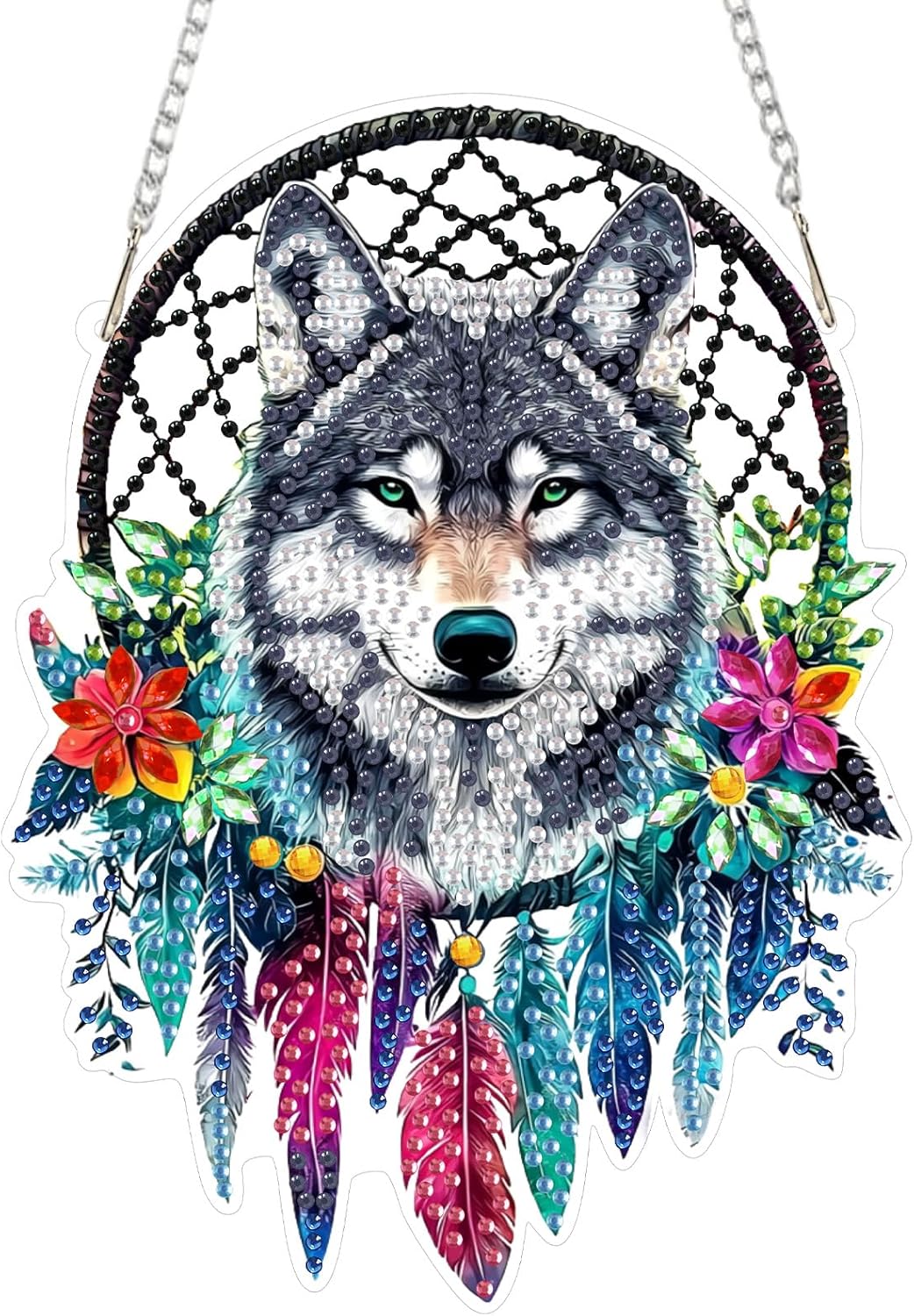 SENQAO Wolf Diamond Art Hanging Kit for Adult, Special Shaped Rhinestone, Double Sided DIY Acrylic Diamond Art Painting Window Pendants Home Garden Wall Hanging Kits Hanging Ornament (Dream Catcher)