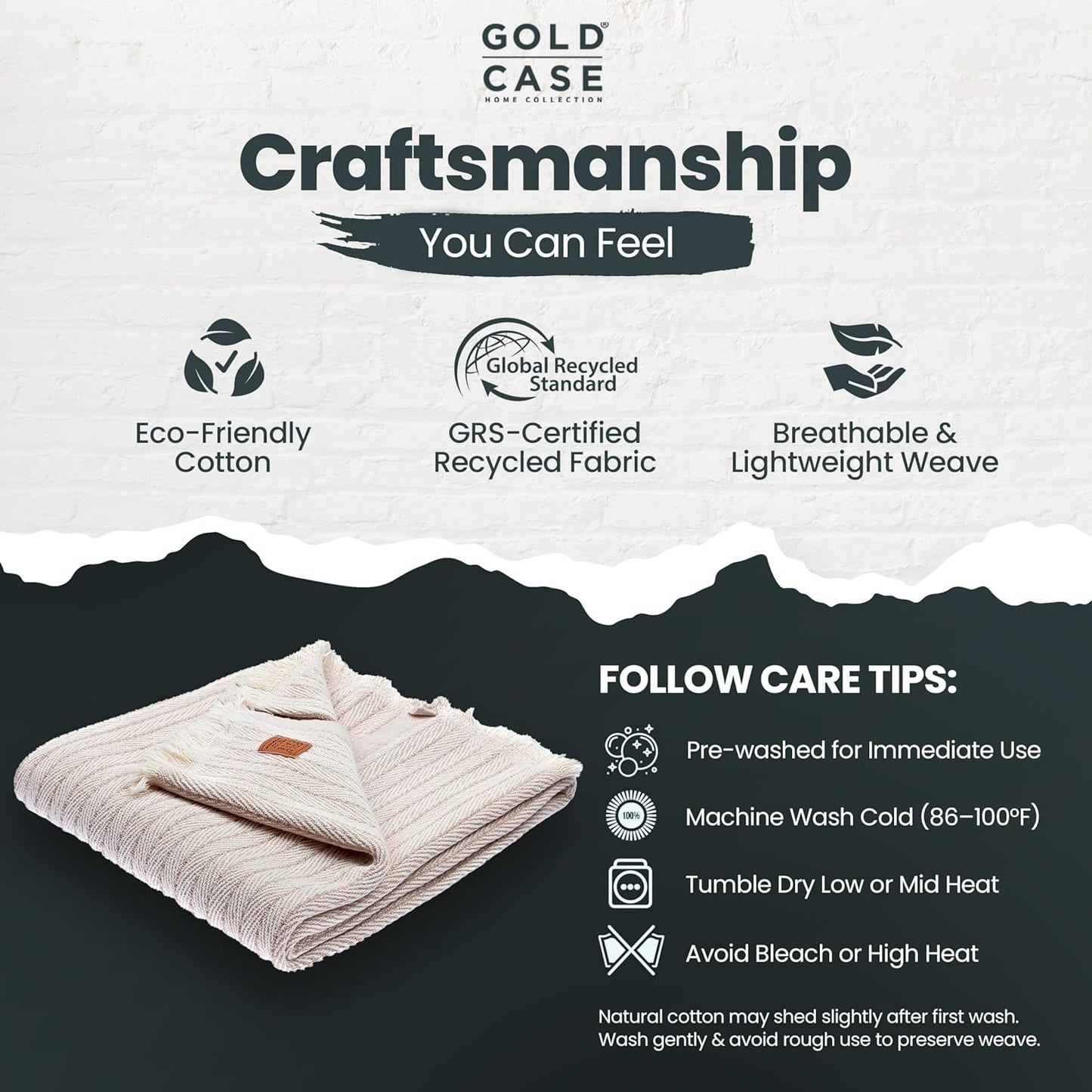 Gold Case Throw Blanket for Couch – 100% Recycled Turkish Cotton Blankets & Throws – Elegant Decorative Throw Blankets for Living Room Sofa – Woven Throws for Couch – Vintage Beige – 60x80