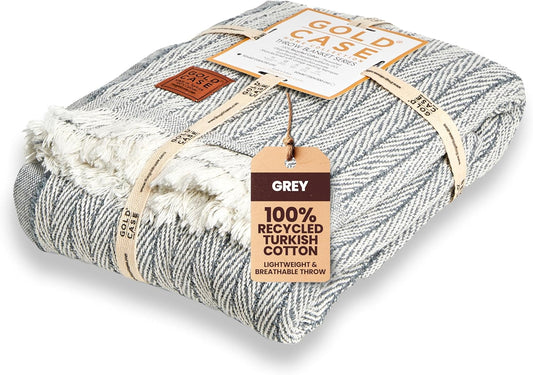Gold Case Throw Blanket for Couch – 100% Recycled Turkish Cotton Blankets & Throws – Elegant Decorative Throw Blankets for Living Room Sofa – Woven Throws for Couch – Vintage Grey – 50x60